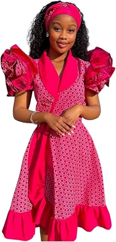 Girls African Print Dress with Headband, Hot Pink Ankara | Puff Sleeves, Ruffle Hem, V-Neck Collar, Circle Print, Matching Headband