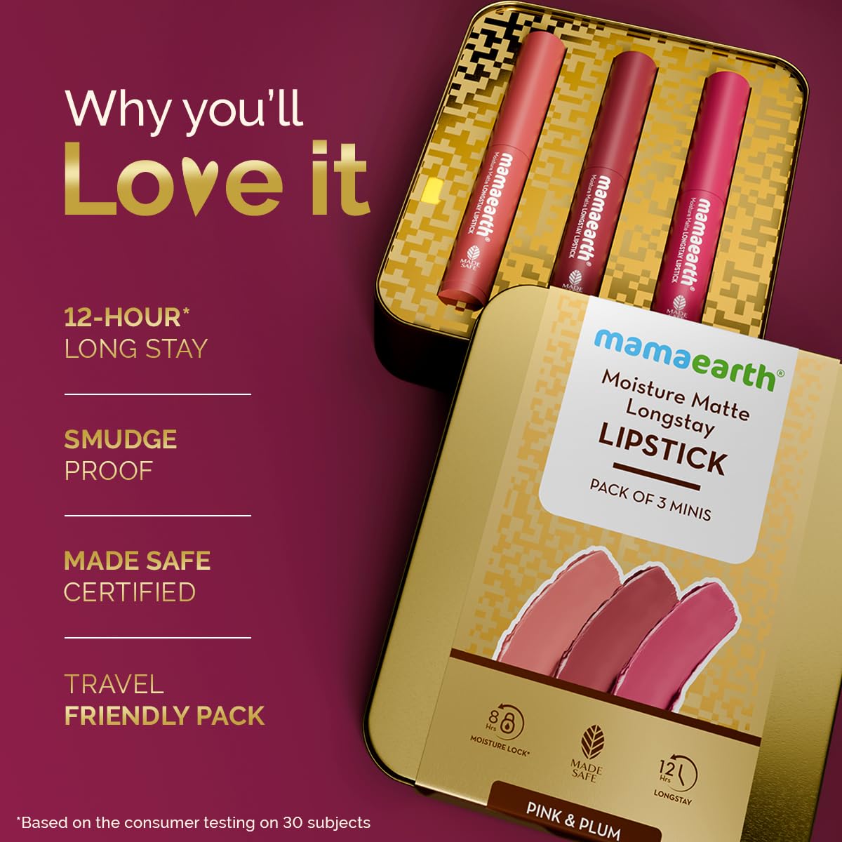Mamaearth Matte Long Stay Lipstick Gift Set - Pink & Plum | 12-Hour* Long Stay | Made Safe Certified | Smudge Proof | Travel Friendly Pack | Exclusively Available on Amazon