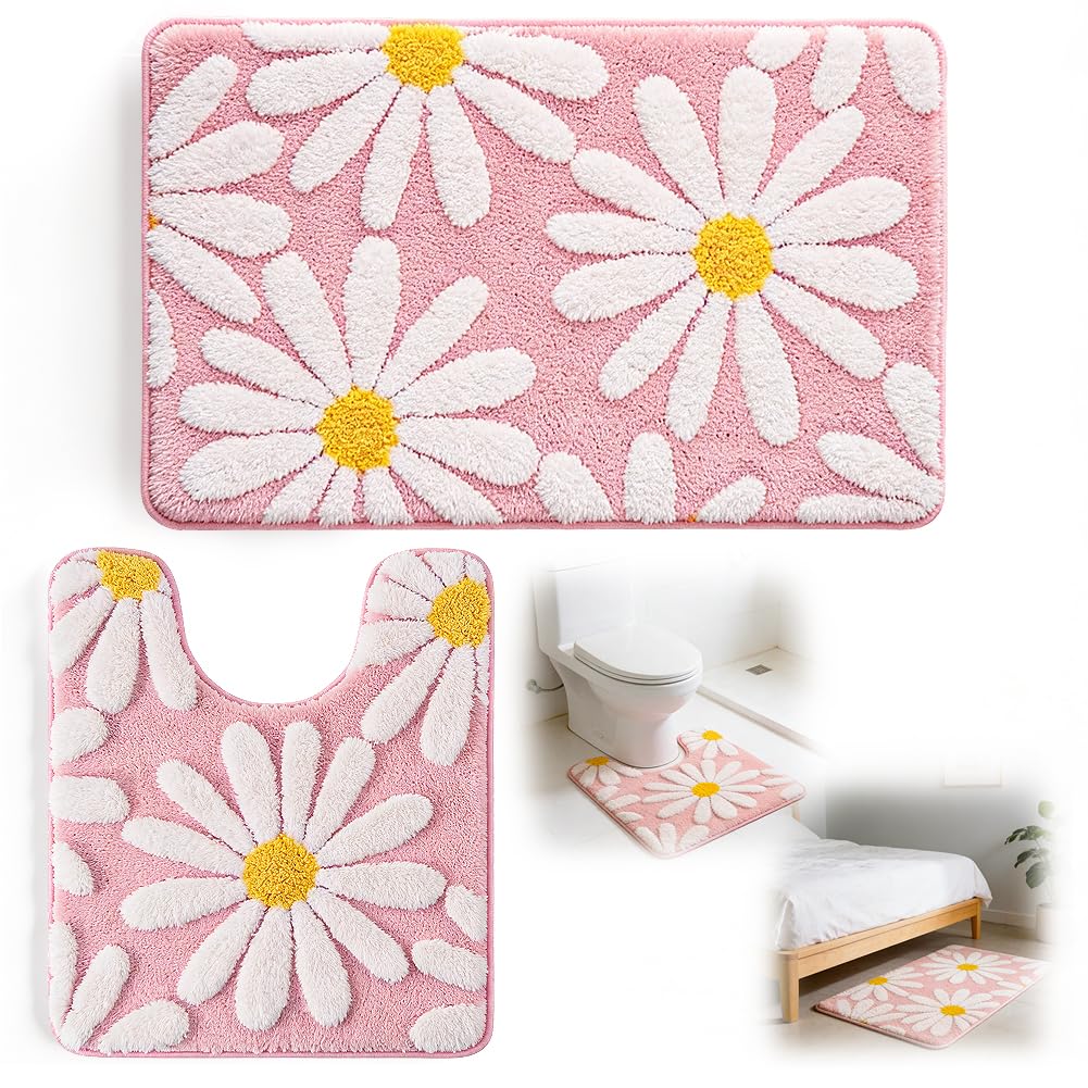 Vexthorion Daisy Non-Slip Bath Mat With U-Shaped Toilet Rug,Absorbent Soft Bathmat Machine Washable Microfiber Bathroom Rug Mats Decorative Carpet For Shower Bedroom Kitchen Doorway Living Room Decor