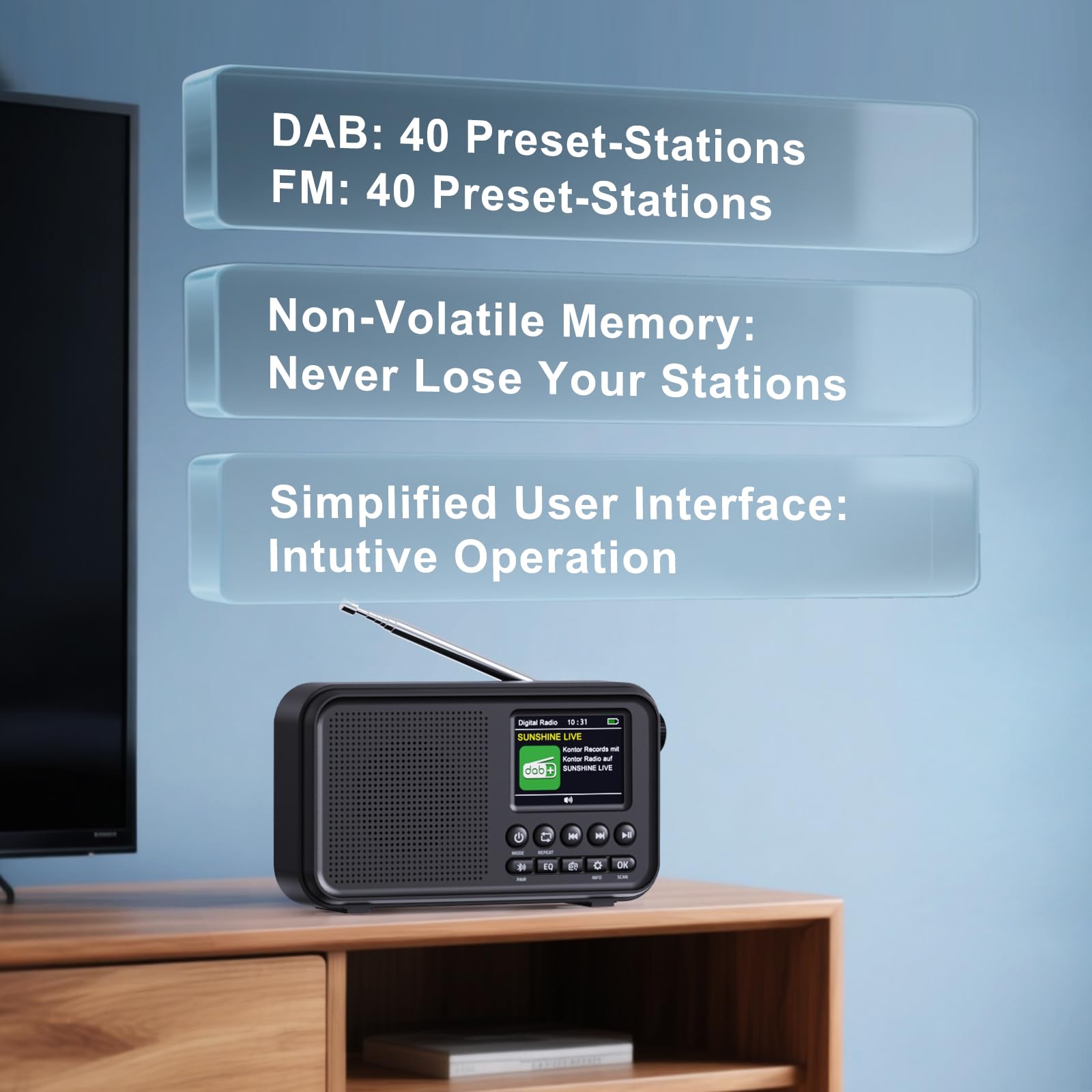 Tragbares DAB/DAB+ Radio, UKW Digitalradio mit 3000-mAh Akku, wiederaufladbares FM Radio mit Bluetooth 5.0, EQ-Modi, 80 Speicherplätze, 2,4-Zoll Farbdisplay, Sleep-Timer, 3,5-mm-AUX Anschluss