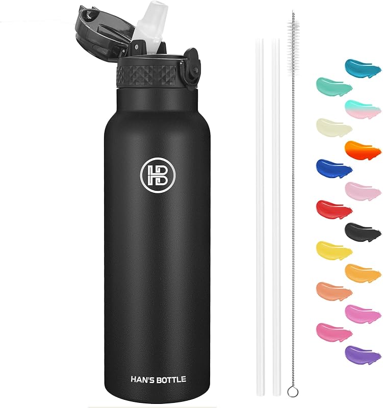 Botella de agua deportiva: 24 onzas, tapa con pajita, a prueba de fugas, acero inoxidable con aislamiento al vacío, doble pared, taza térmica, negro
