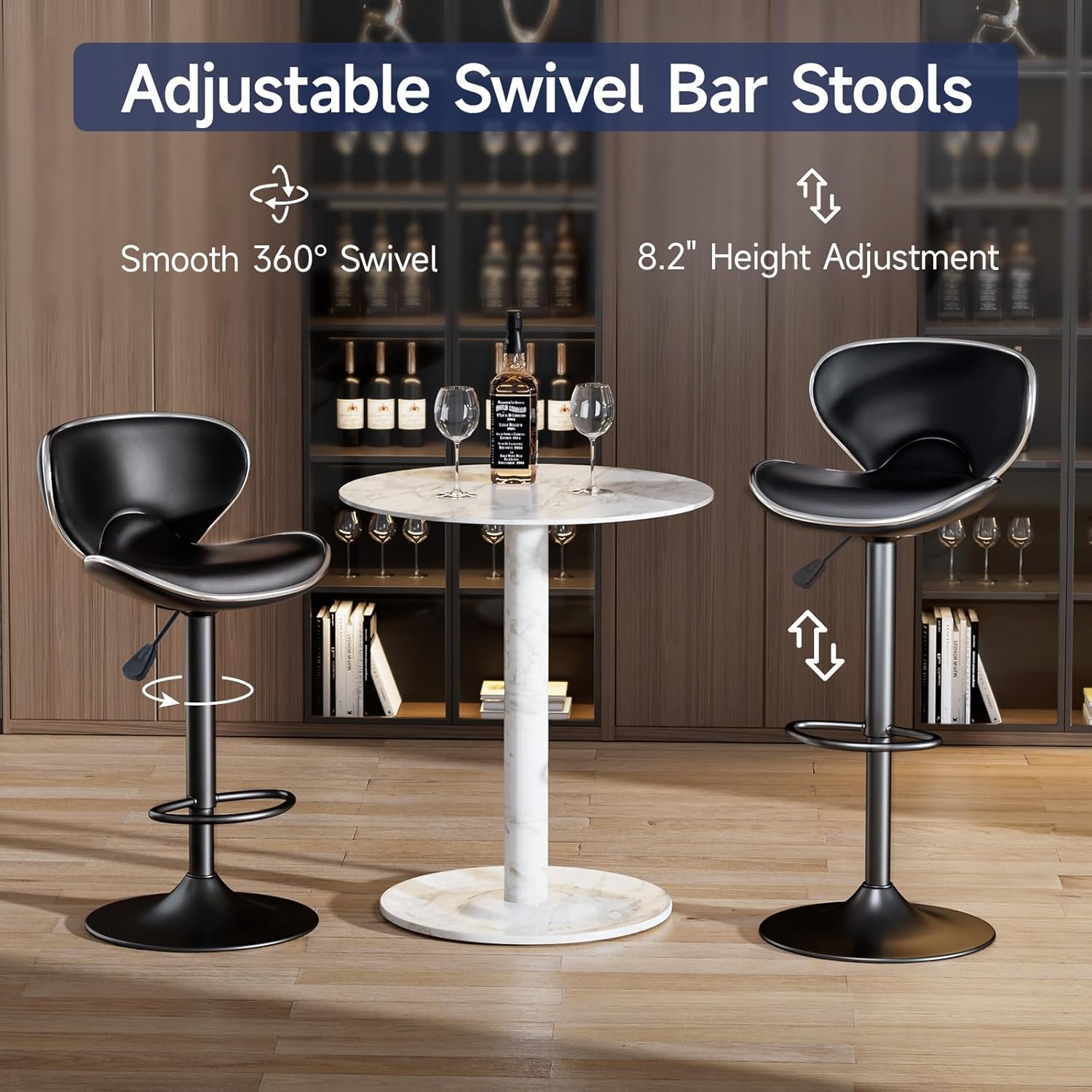 Bar Stools Set of 2, Adjustable Swivel Barstools, Modern PU Leather Counter Height Bar Chair with Back and Footrest for Kitchen Island Dining Room Café Pub (Black, Matte Black Base)