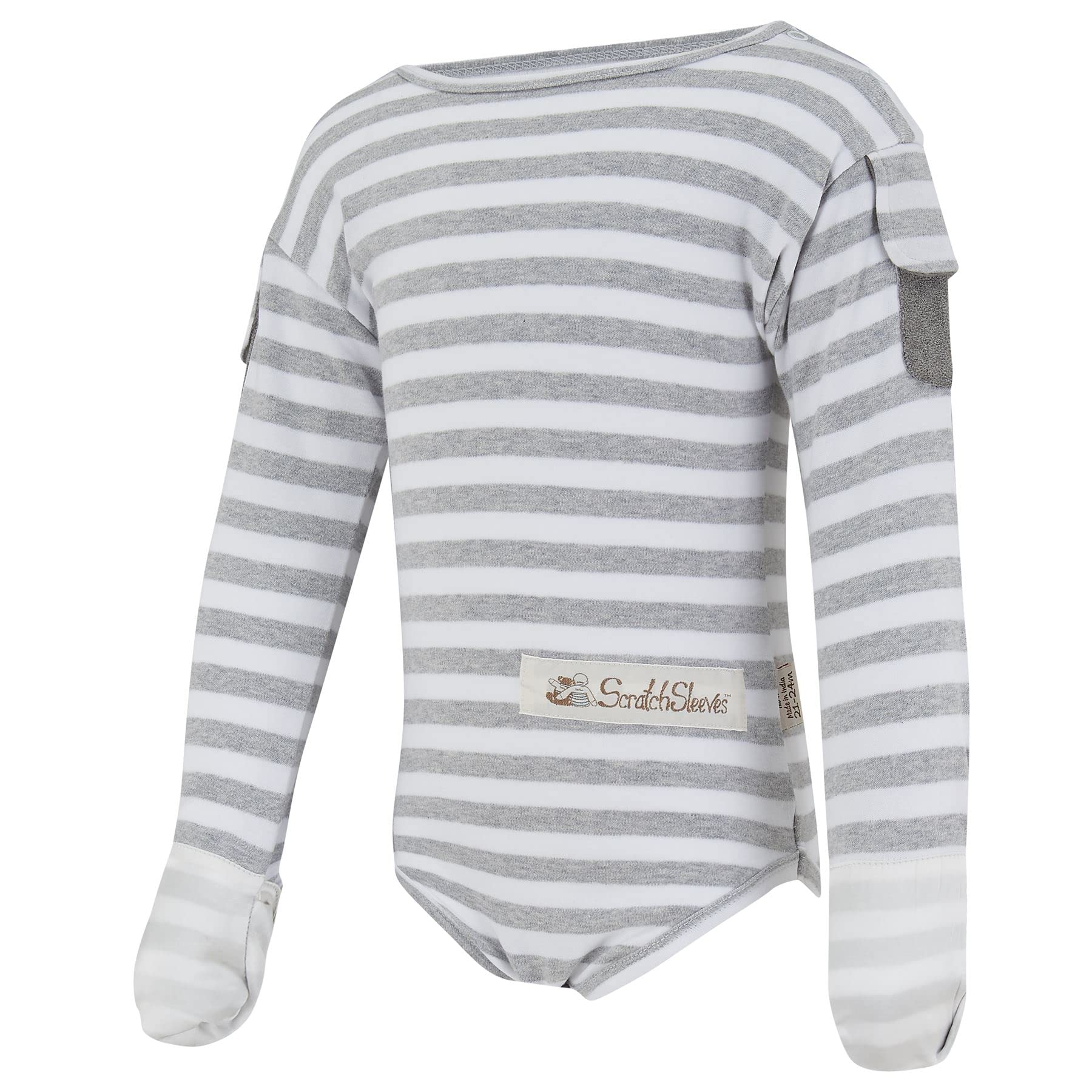 Scratchsleeves Grey/White | Flip-Mitt Bodysuit For Itchy Babies | Stripe | 21-24 Months