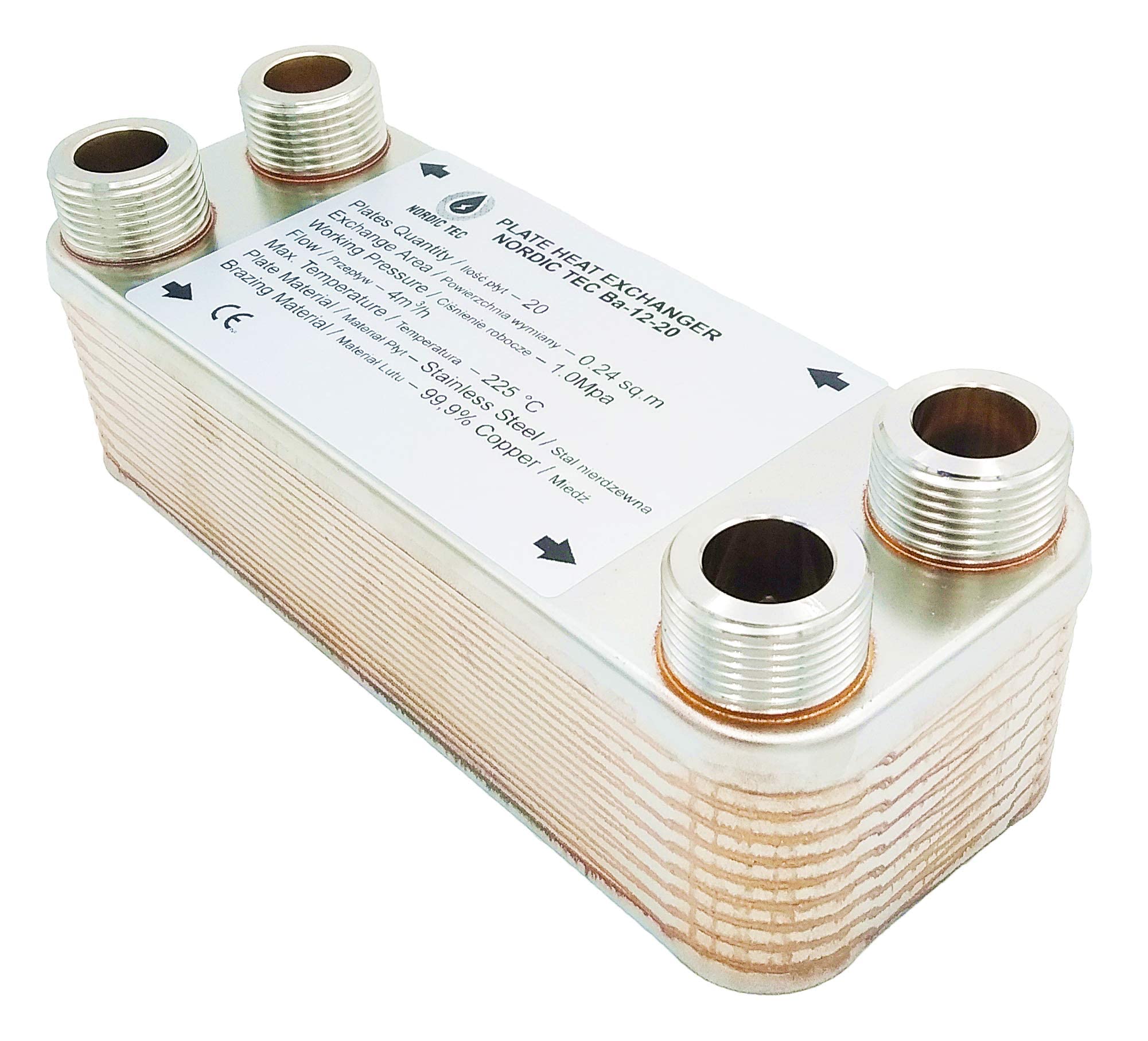 Intercambiador de calor Nordic Tec Ba-12-20, de acero inoxidable, 20 placas, 45 kW, 3/4", con fijación a pared y piezas de conexión.