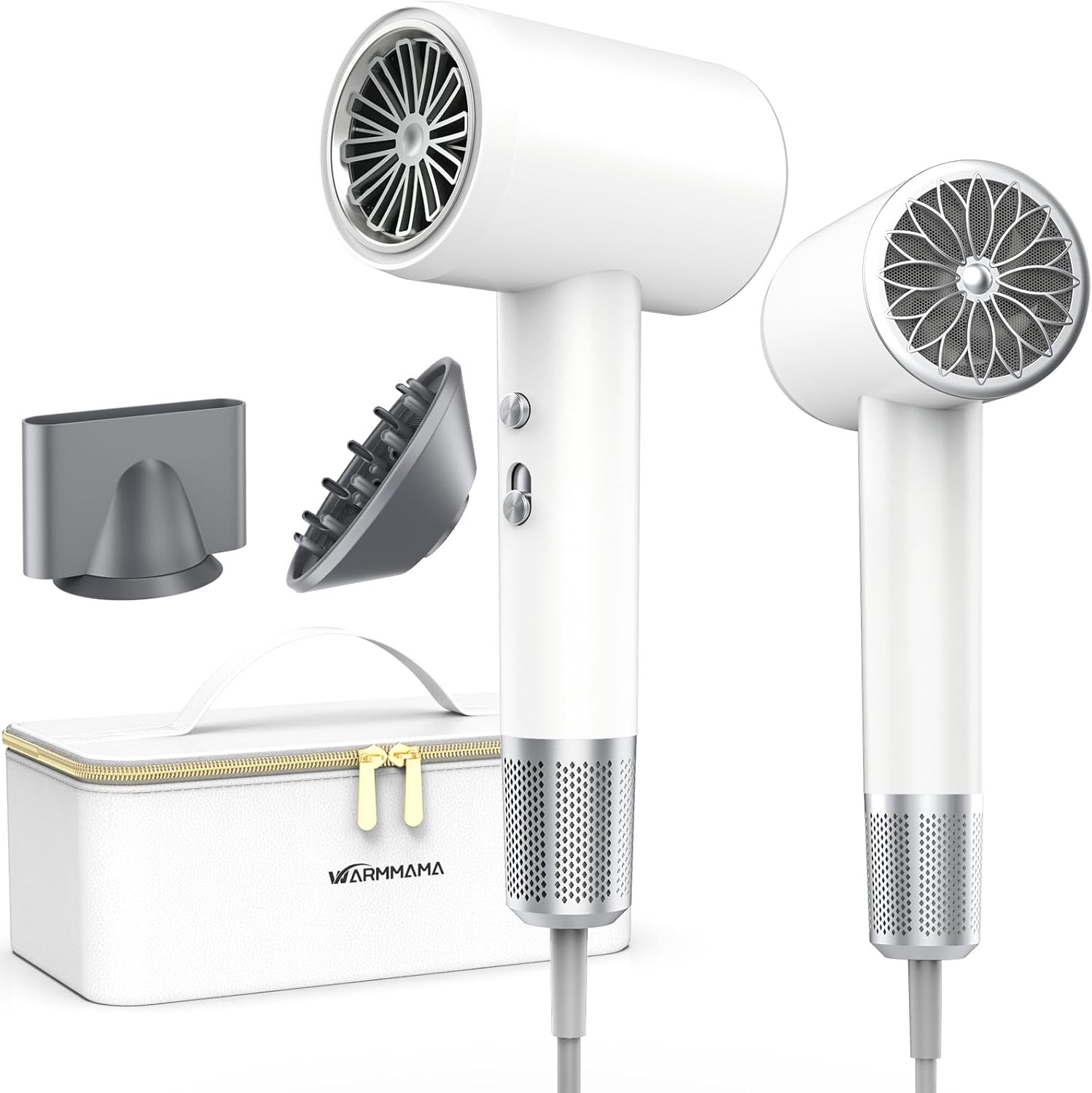2025 New Hair Blower Dryer, warmmama High Speed Hair Dryers Ionic for Curly Hair, Quiet Thermo-Control Portable Hair Dryer with Diffuser and Nozzle for Home Travel, White