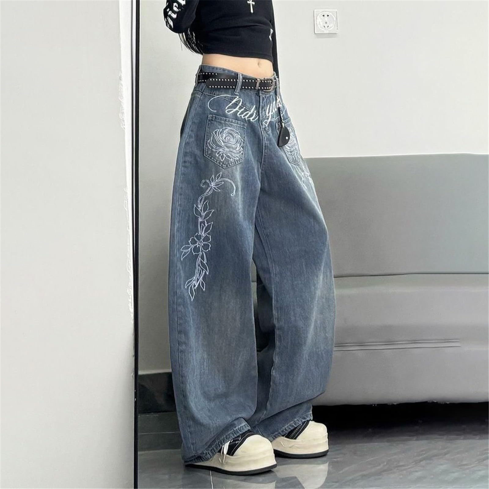 Jeans Donna Leggeri a Palazzo Jeans Elasticizzati Casual Curvy Pantaloni Vita Alta Leggeri Gamba Larga Taglie Forti Pantaloni Denim Baggy Larghi Wide Leg Moda Pants con Tasche Tempo Libero Hiphop