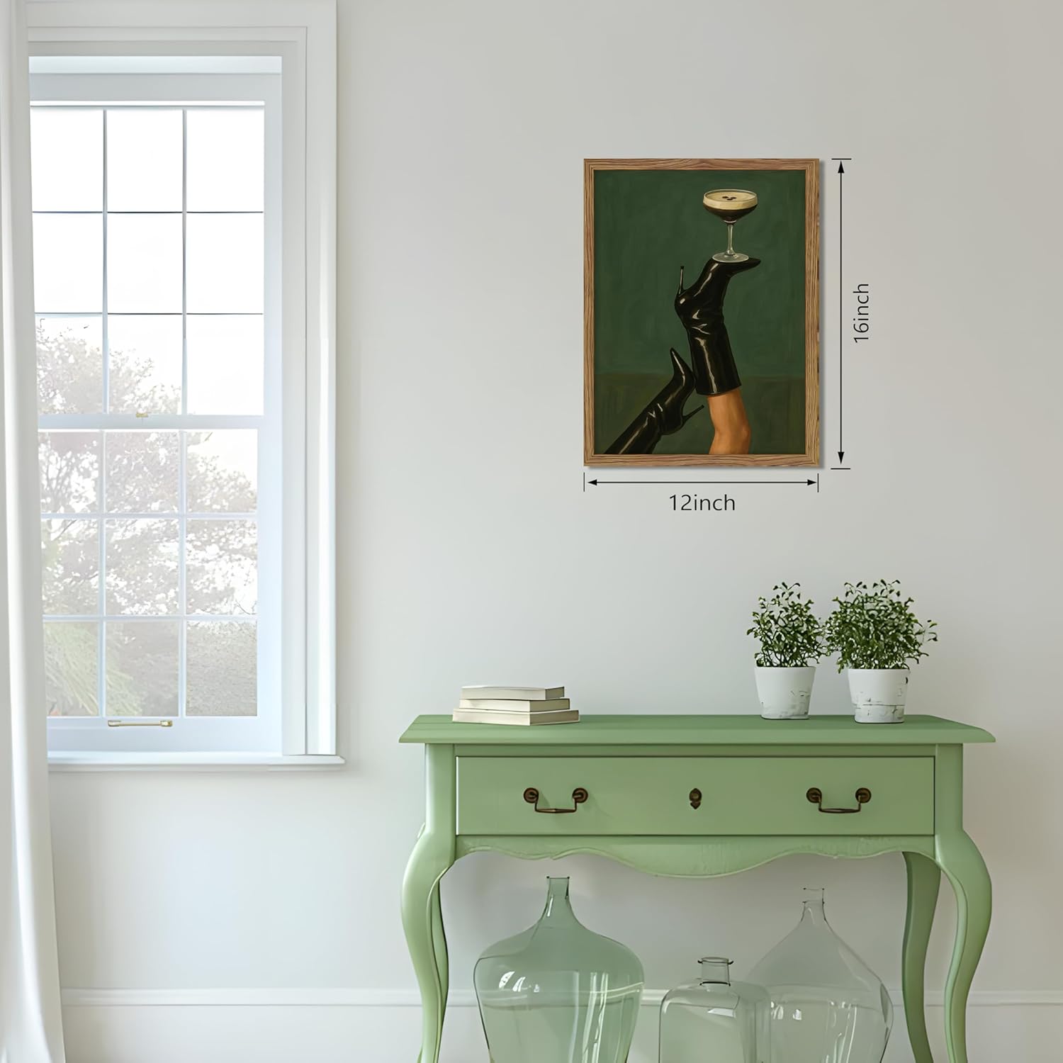 Framed Vintage Cocktail Wall Art, Espresso Martini on Black Boots Canvas Print, Feminine Moody Cocktail Picture Poster, Bar Cart Wall Decor Painting Art for Bedroom Living Room 12x16 inch