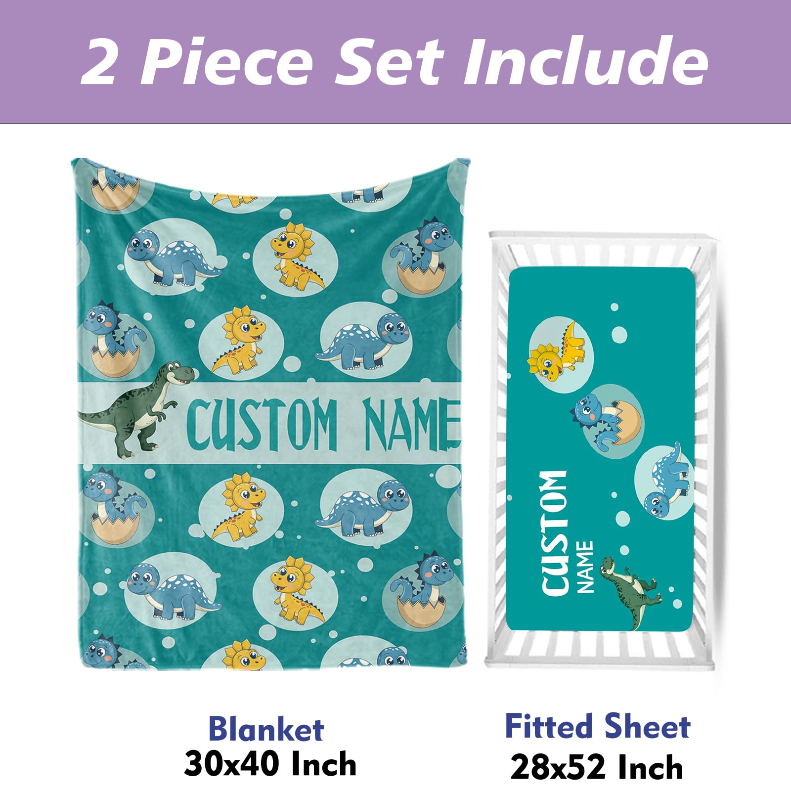 HSHRYY Custom Name Baby Crib Bedding Set - Personalized 2 Piece Baby Bedding Set - Soft Blanket with Dotted Backing and Fitted Sheet - Green Dinosaur Design - Great Gift from Parents