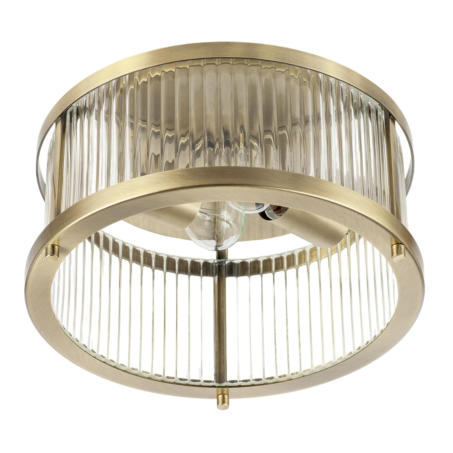 Happy Homewares Antique Brass Sleek Matte Flush Ceiling Light Fitting With Ribbed Fluted Clear Glass Panels | 16Cm X 30Cm | Low Profile Mount Design