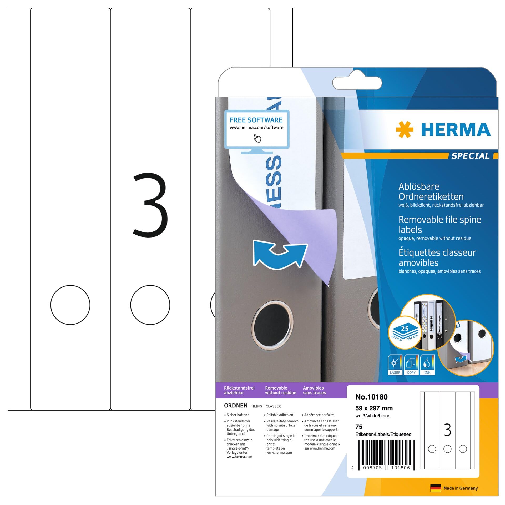 HERMA 10180 Ordnerrücken Etiketten ablösbar lang breit, 800 Blatt, 59 x 297 mm, 3 pro A4 Bogen, 2400 Stück, selbstklebend, bedruckbar, blickdicht, Papier Ordneretiketten Rückenschilder Aufkleber, weiß