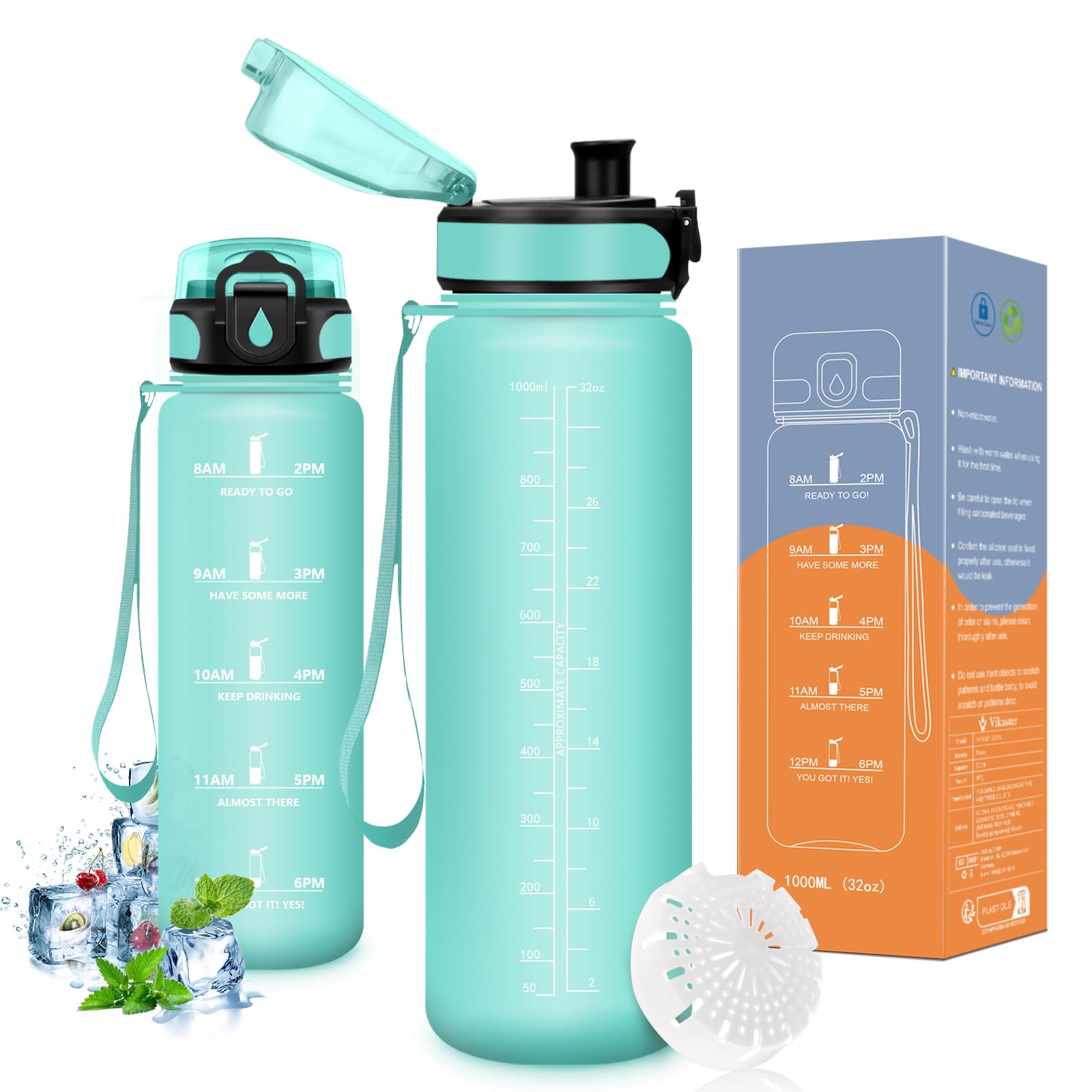 Vikaster Borraccia Sportiva, Borraccia 500ml/1000ml/1500ml, Senza BPA & Prova di Perdite, Bottiglia Acqua Bambini, Bici, Scuola, Palestra, Ufficio, Yoga