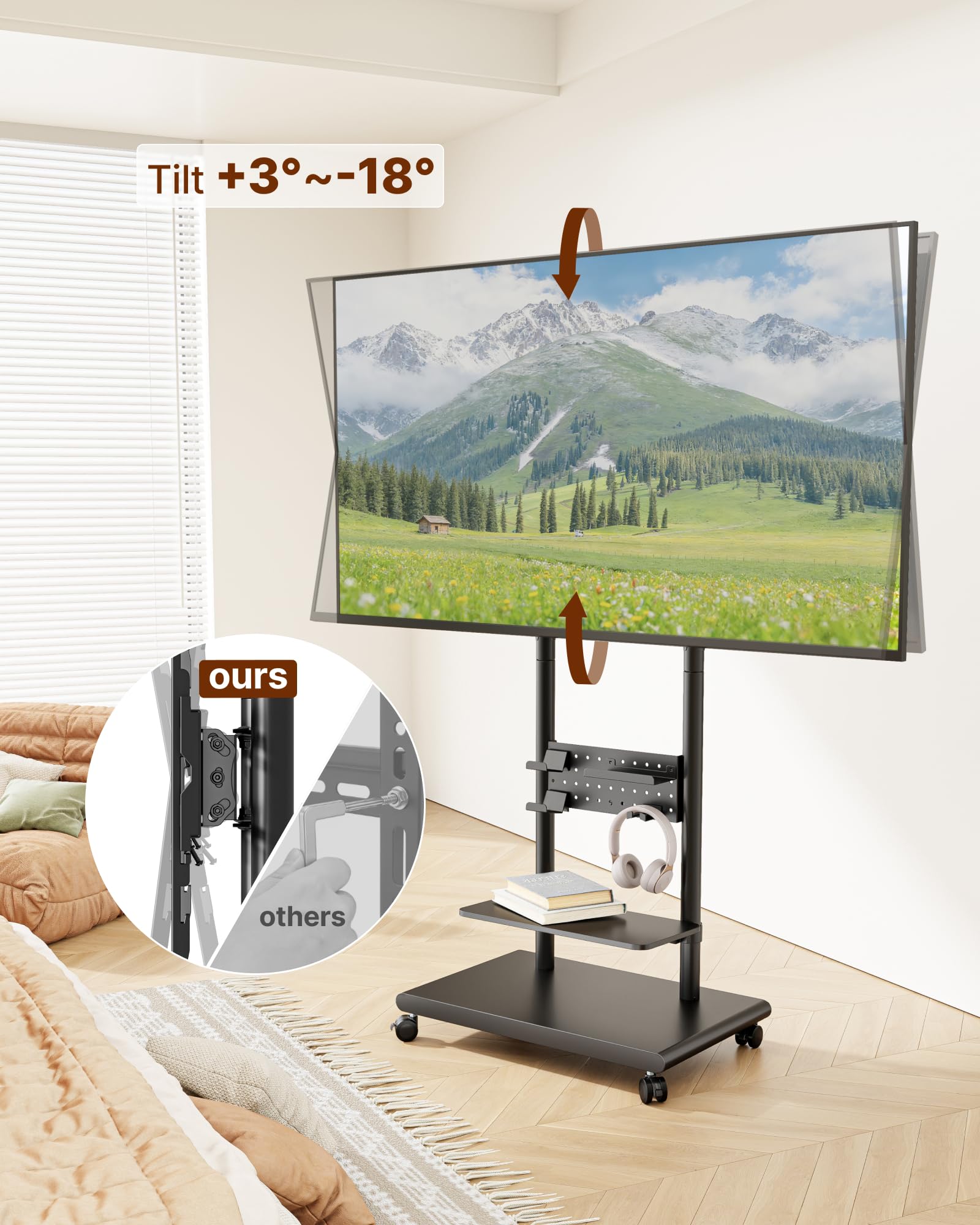 Mobile TV Stand on Wheels for 37-75 inch TVs up to 70kg, Swivel Mobile TV Cart with Shelf & Pegboard, Height Adjustable Rolling TV Trolley with Steel Base, TV Floor Stand Max VESA 600x400mm — view 5