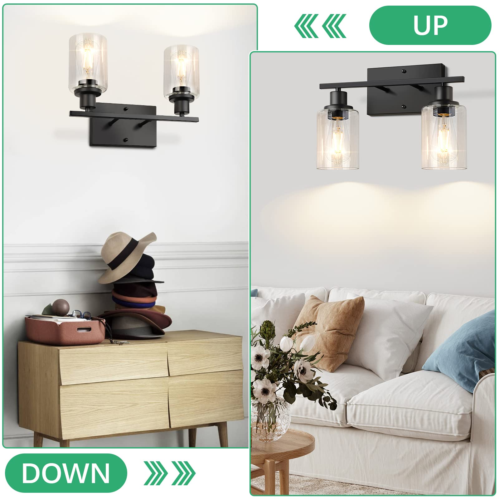 2-Light Bathroom Vanity Light Fixtures, Modern Wall Lighting with Clear Glass Shade, Matte Black Finished Wall Sconce Lighting, Vintage Wall Lamp for Mirror, Living Room, Bedroom, Hallway, E26 Base