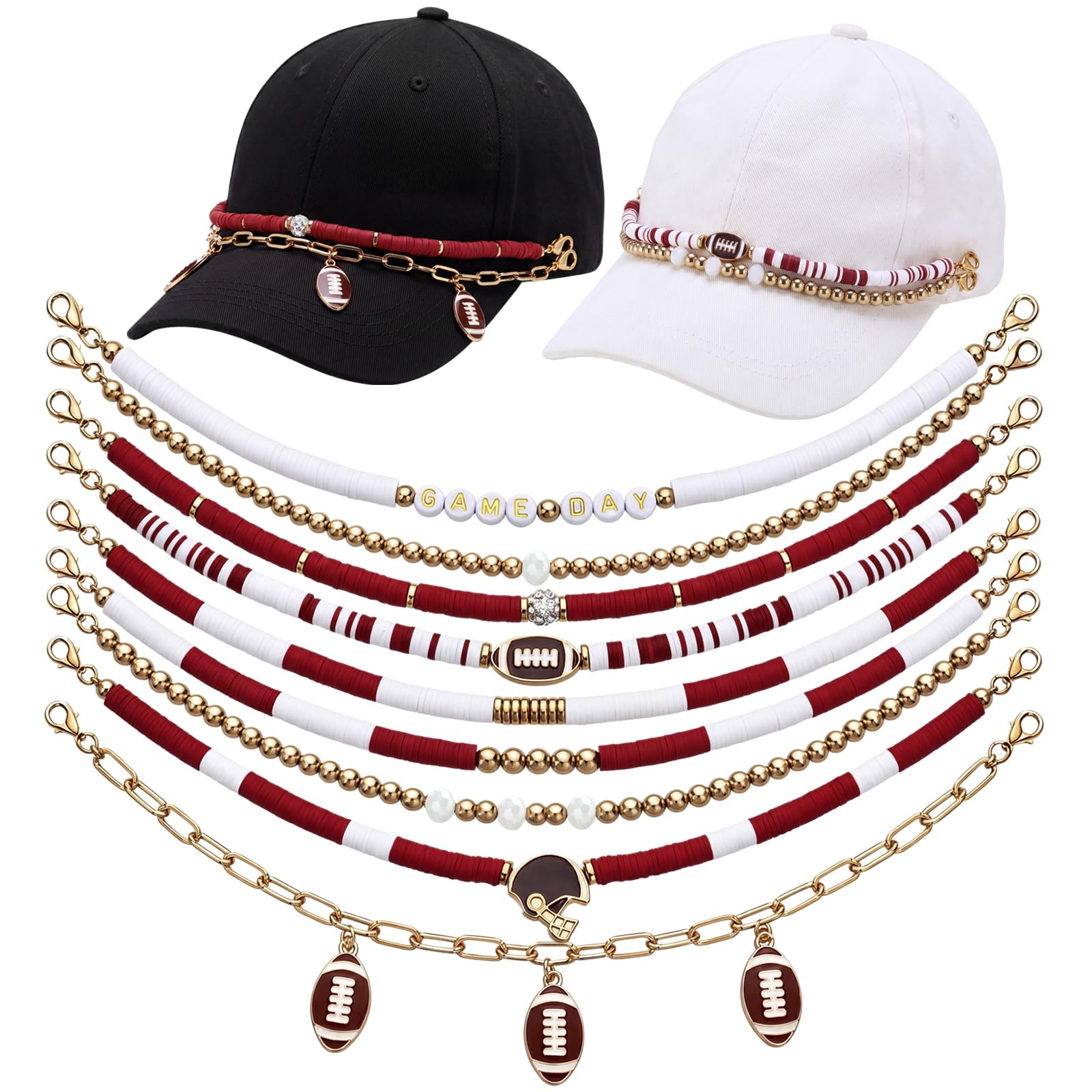 Geyoga 9 Pcs Trucker Hat Chains Trucker Hat Charms Women Man Bill Decoration Detachable DIY Metal Chain for Mesh Baseball Cap(Brown White, Football)