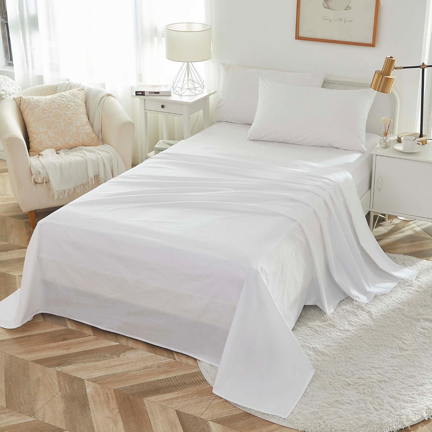 Brandream Queen Sheet Set - Soft Cotton Sheets for Queen Size Bed, 4 Pieces Hotel Luxury White Queen Sheets, Easy Care Cooling Bed Sheet Set