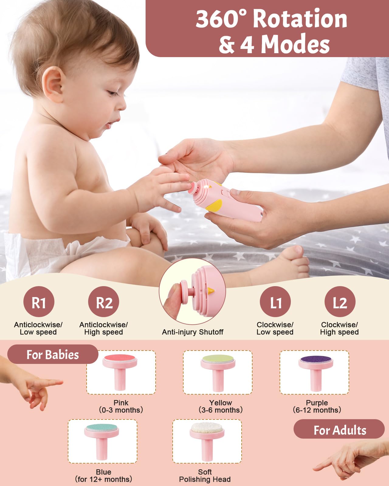 Lictin Tagliaunghie Elettrica per Neonato,Tagliaunghie 15 in 1,tagliaunghie elettrica sicura per bambini,set per manicure con 10 testina di affilatura e luci LED per neonati o adulti(Rosa)