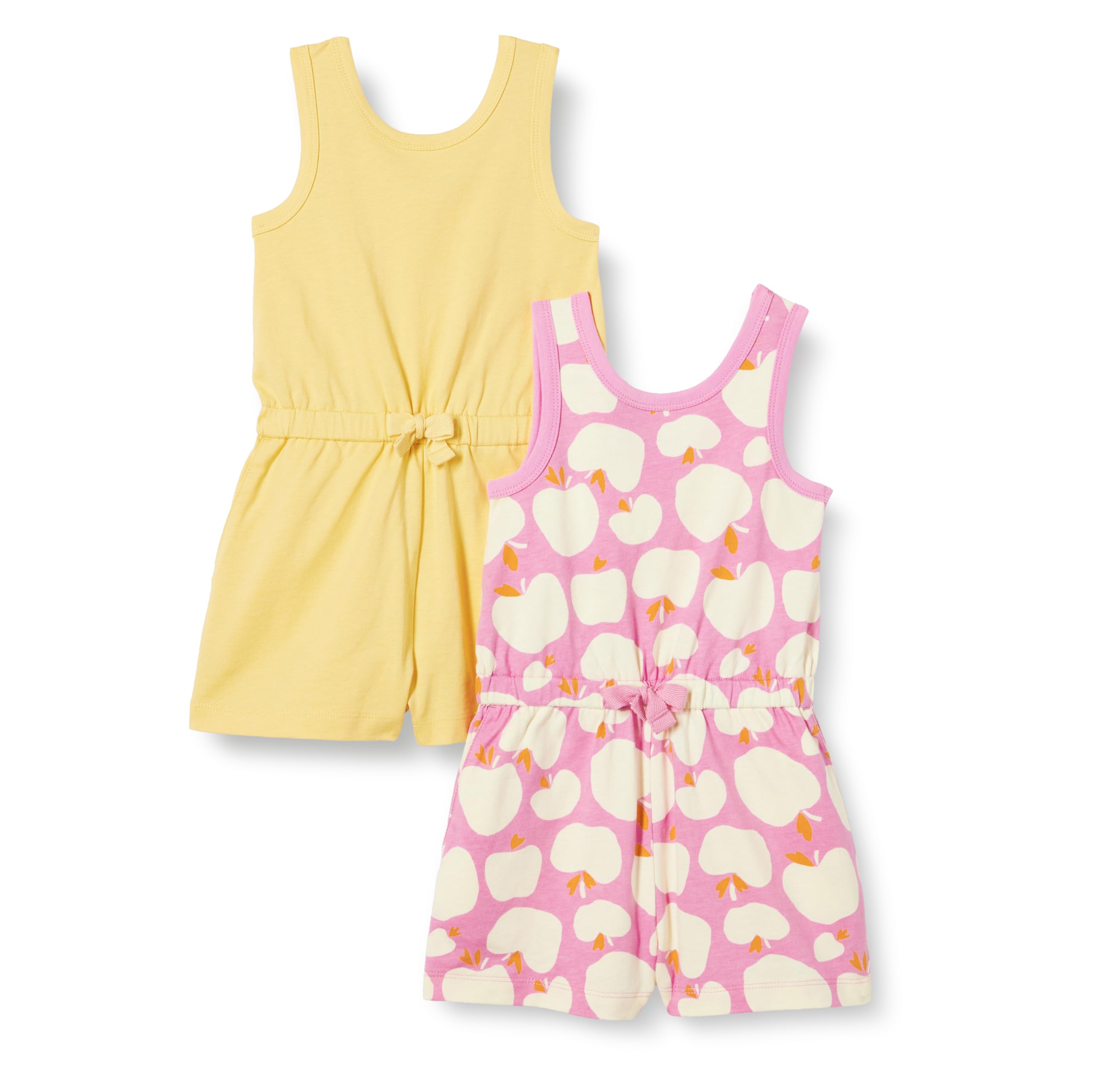 Amazon Essentials Girls' Sleeveless Knit Romper, Pack of 2, Warm Yellow/Apples, X-Small