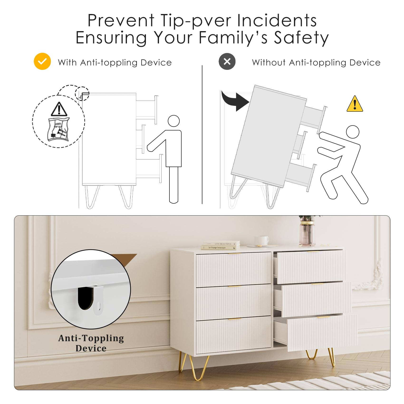 Masupu 6 Drawer Dresser, Modern Drawer Chest, Wide Storage Dresser Chest Cabinet Organizer Unit with Metal Legs, Chest of Drawers for Bedroom, Living Room, Closet, Entryway, White Stripe