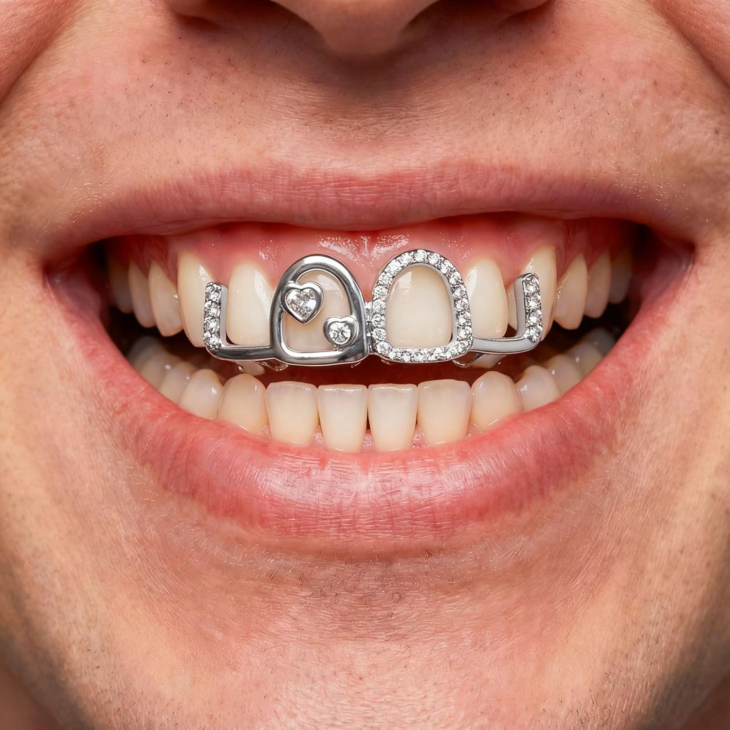 14K Gold Plated Hip Hop Grillz Fake Tooth Cap 4-Tooth Hollow Diamond Teeth Grills for Your Teeth Grillz for Men Women Rapper Halloween Costume