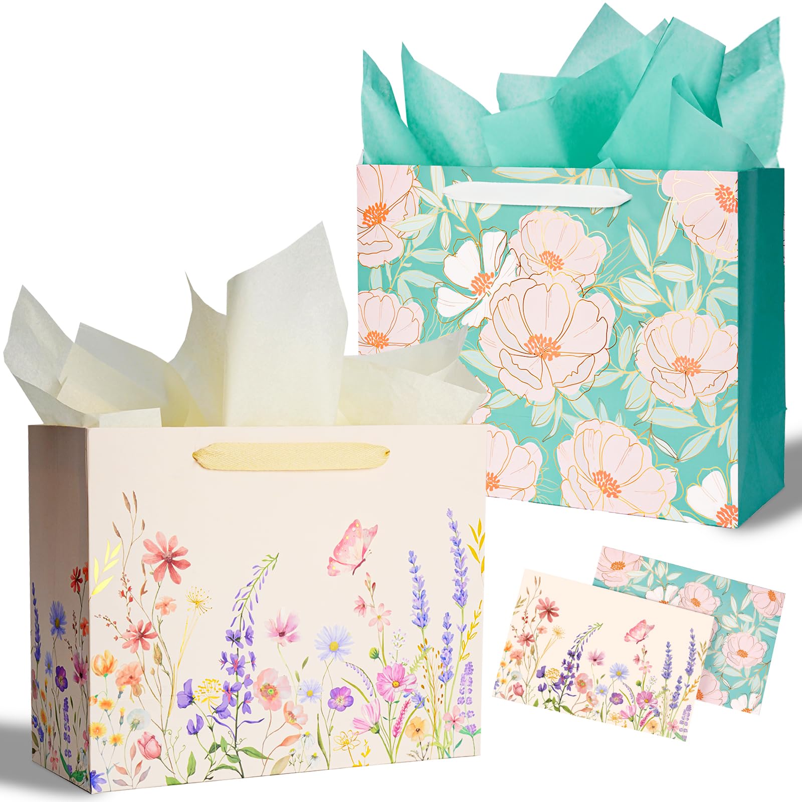 Miakutho 13" Large Gift Bag with Tissue Paper and Card (Floral Design, Gold Foil Accents), 2 Pack Paper Bags with Ribbon Handle for Girls & Women, Birthdays, Baby Shower, Weddings