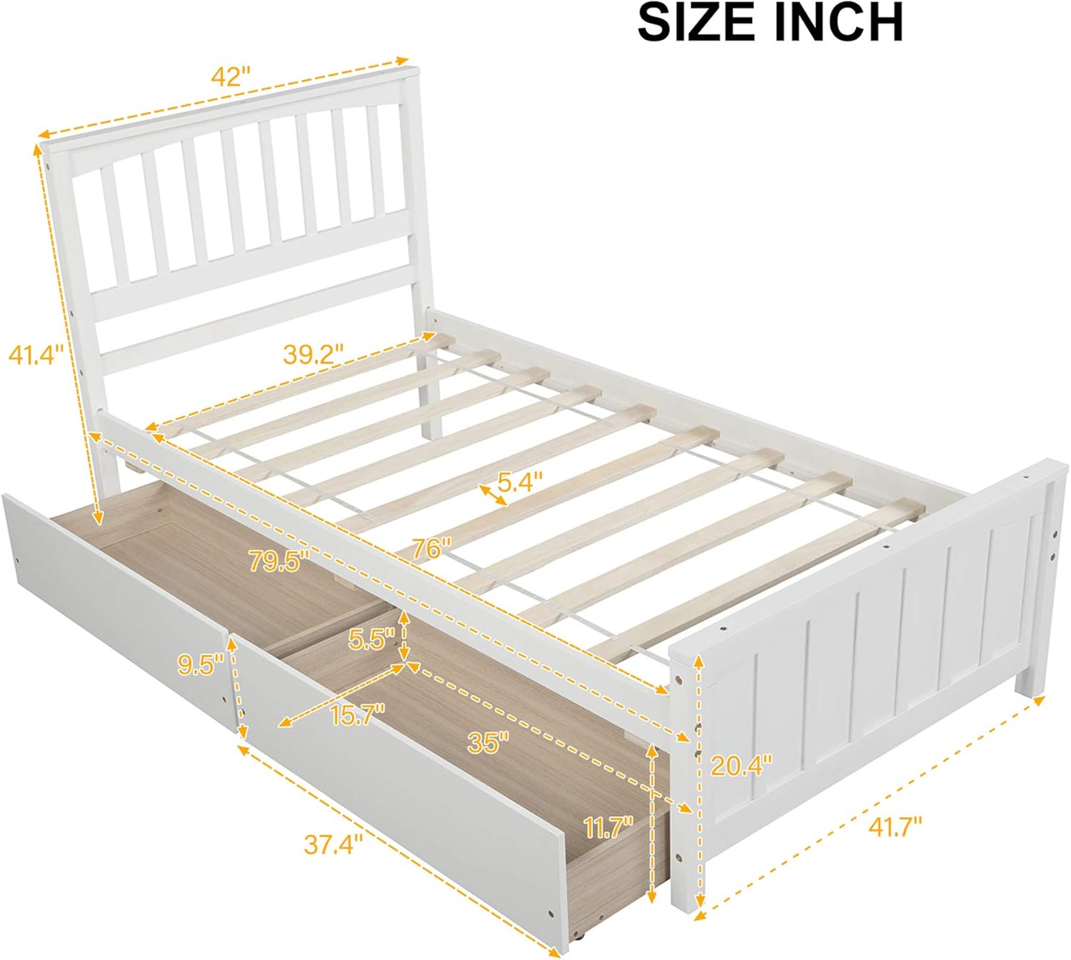 P PURLOVE Wood Platform Bed Twin Size Platform Bed Frame with Two Storage Drawers, No Box Spring Needed, White