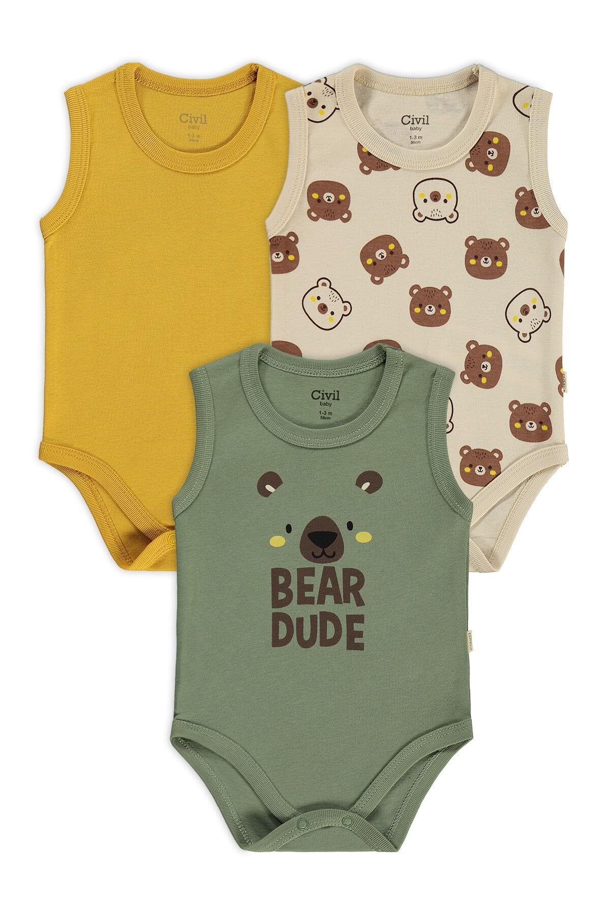 Civil Baby 3'lü Ayıcık Empirmeli Sıfır Kol Çıtçıtlı Badi, 0-36 Ay, Bej