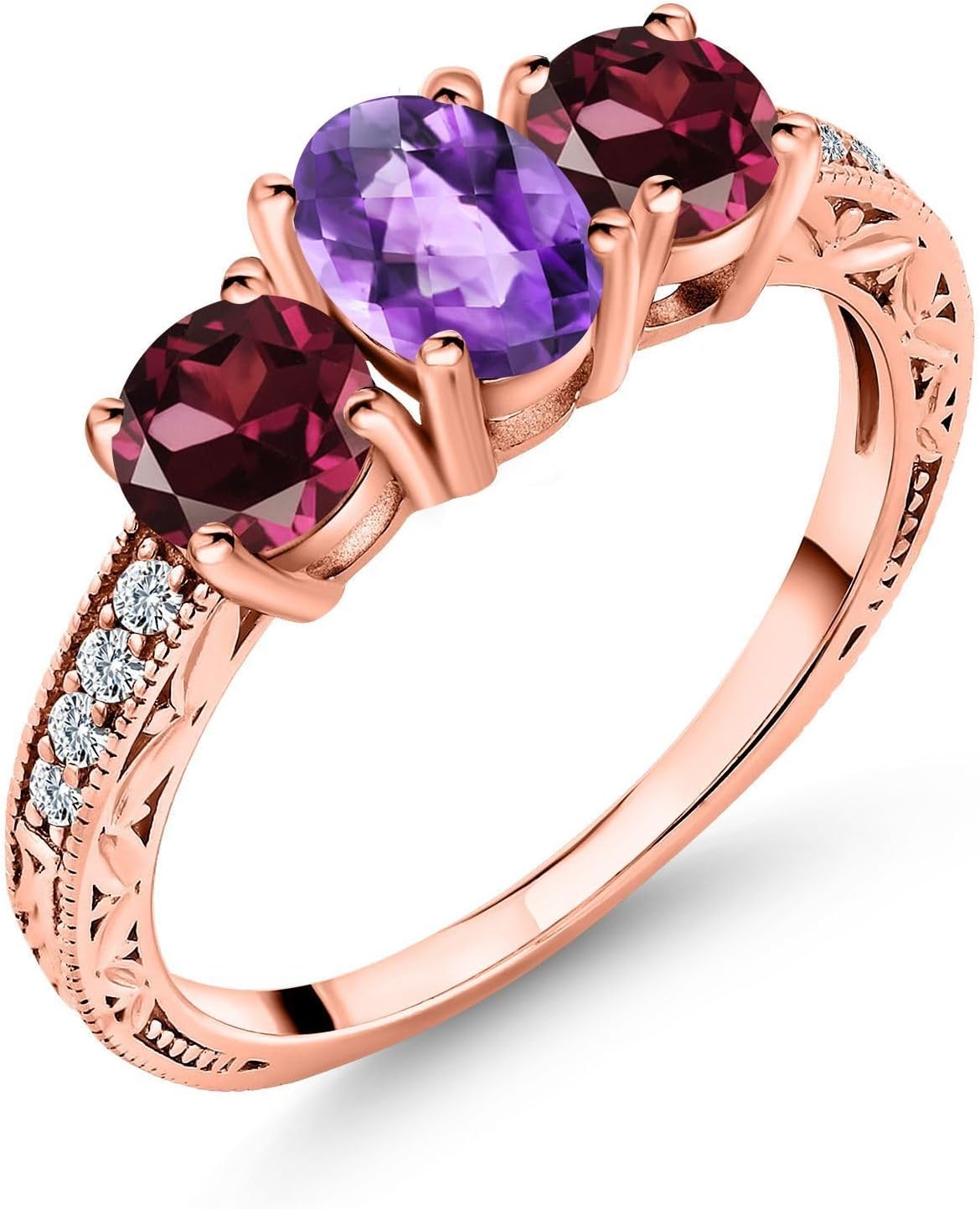 Gem Stone King 2.07 Cttw Oval Checkerboard Purple Amethyst and Red Rhodolite Garnet Ring For Women | 18K Rose Gold Plated Silver | Wedding Engagement Anniversary Promise Ring For Women