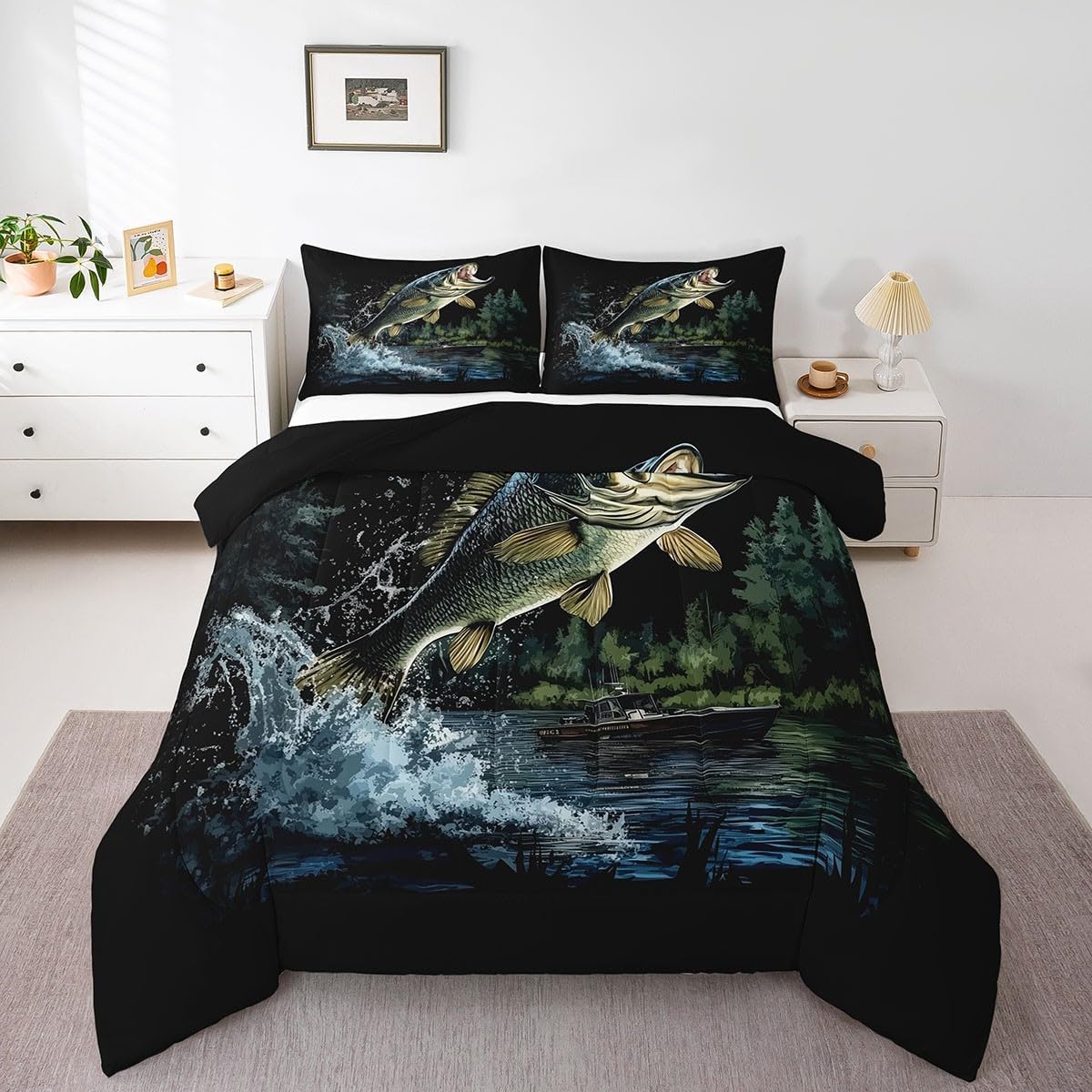Feelyou Big Pike Fish Comforter Set Hunting and Fishing Pattern Bedding Set Queen Size for Kids Boys Children Rustic Farmhouse Comforter Soft Decor Wild Animal Theme Quilt Set