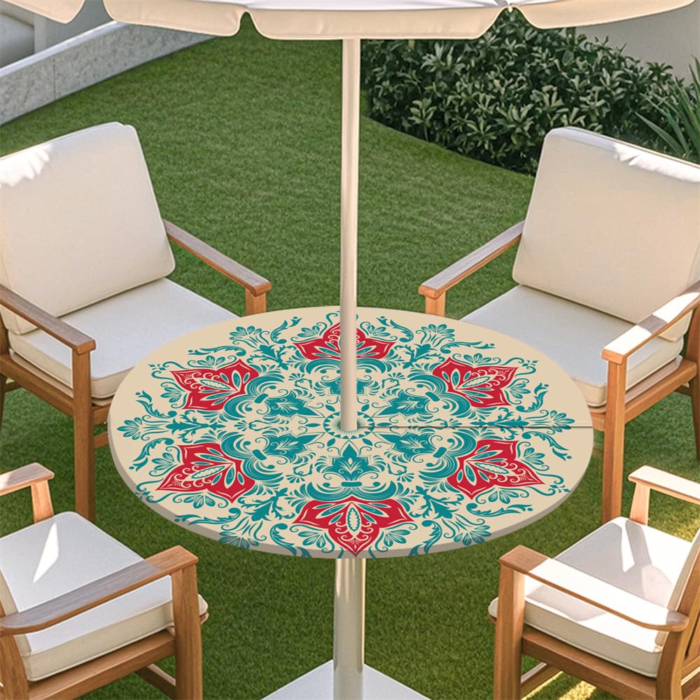 Surwin Outdoor Round Tablecloth with Parasol Umbrella Hole Zipper Bohemia, Elastic Edge Fitted Protector Round Table Cloth Waterproof Table Cover for Garden BBQ Party (Peacock Blue,L(114-137cm)