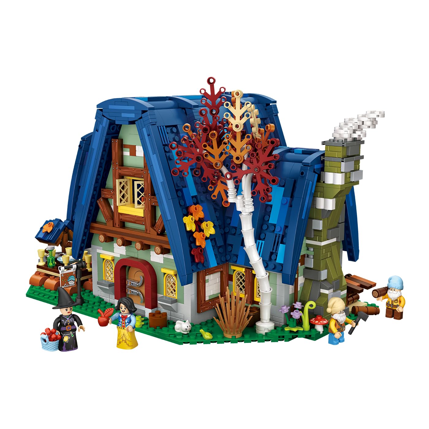 BlueBrixx Märchenhaus Mini Blocks, 2867 Klemmbausteine, 6 Minifiguren | Ab 14 Jahren, kleinerer Maßstab, blaues Dach, roter Blütenbaum, Blumen und Pilze am Sockel, für Sammler, 110154