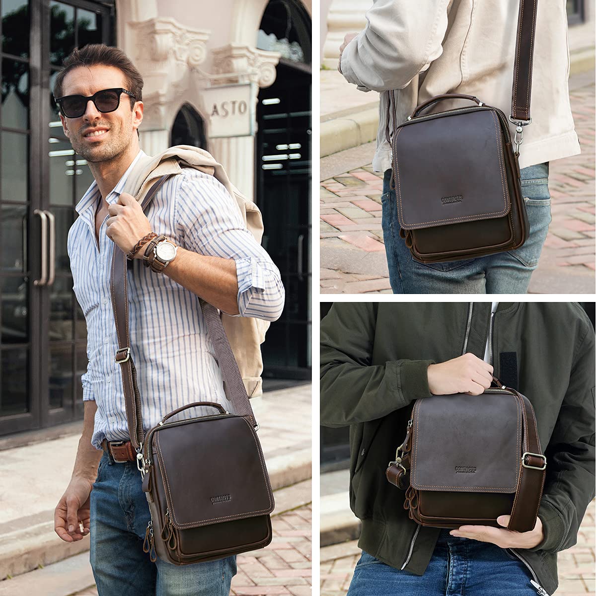 Contacts Sac à bandoulière en cuir pleine fleur pour homme - Convient aux tablettes de 9,7" - Pour le travail, le bureau, les affaires, les sacs à main avec porte-clés et porte-cartes