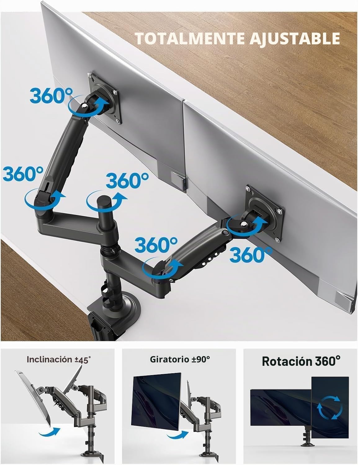 HUANUO 13”-32” Soporte de Monitor 2 Monitores, Pantalla Ergonómico Ajustable en Altura 2 Monitores, Inclinación,Giro,Peso máximo 9KG VESA 75/100
