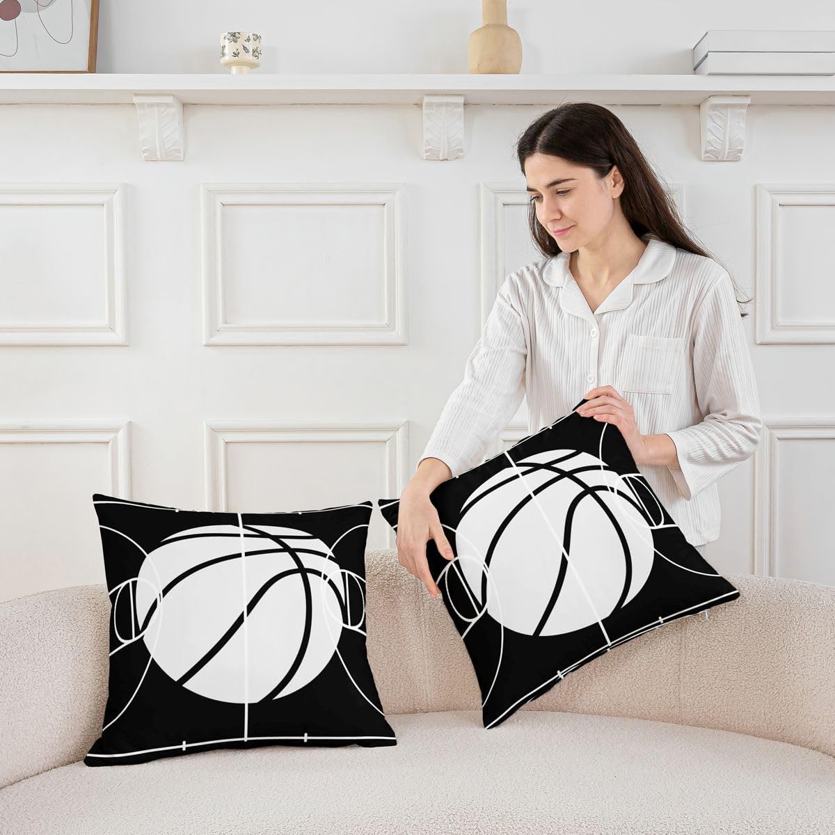 Manfei Basketball Throw Pillow Cover Sports Gaming Theme Double Sides Pillow Case for Kids Boys Girls Room Decor,Black and White Cushion Cover for Bed Couch Sofa,4 Pack 16"x16" image 2