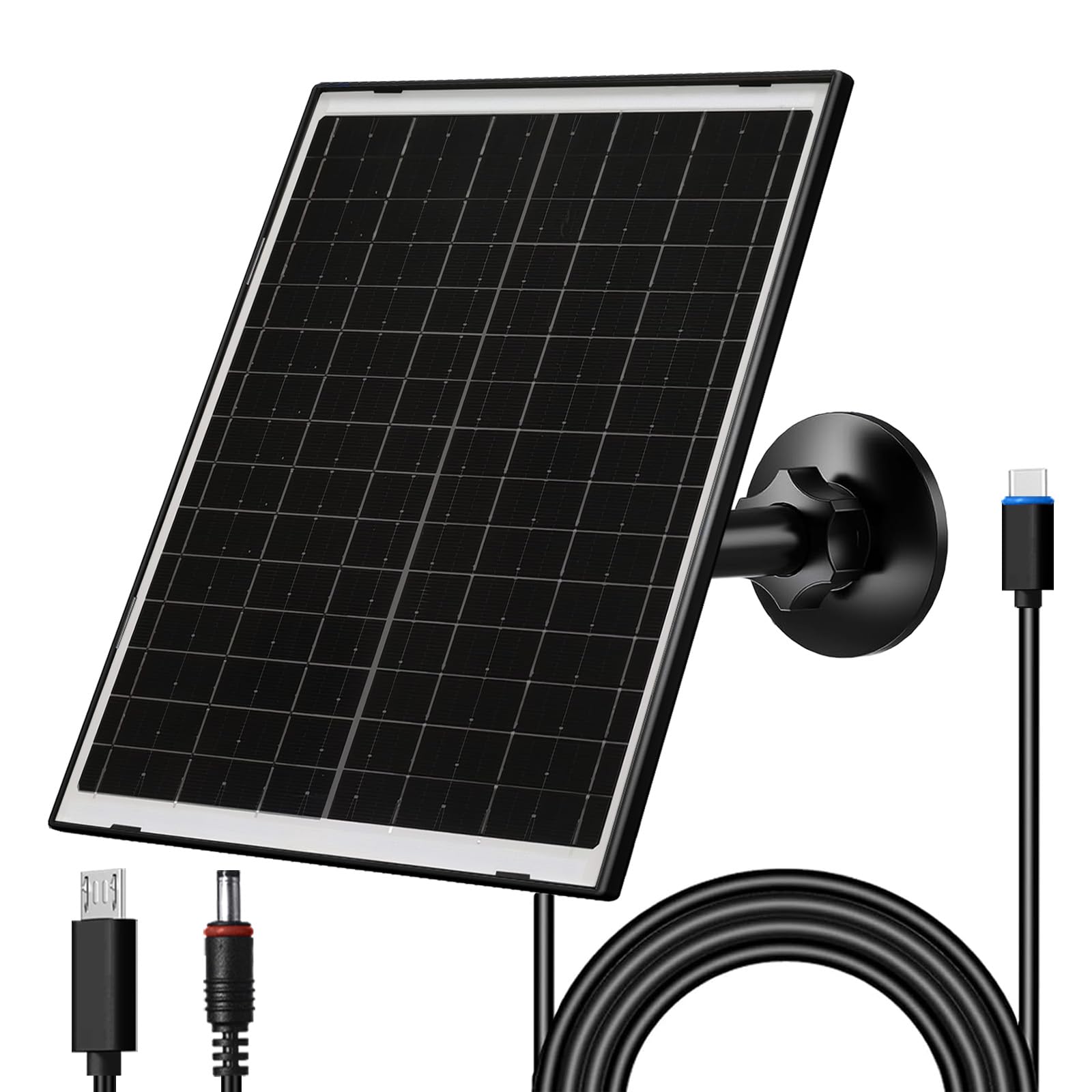 Panel solar de 10 W para cámaras de seguridad y sendero, cargador de cámara de 5 V para exteriores con cable USB-C, CC 5.5 x 2.1 mm y puerto micro USB, IP66 impermeable con soporte ajustable y