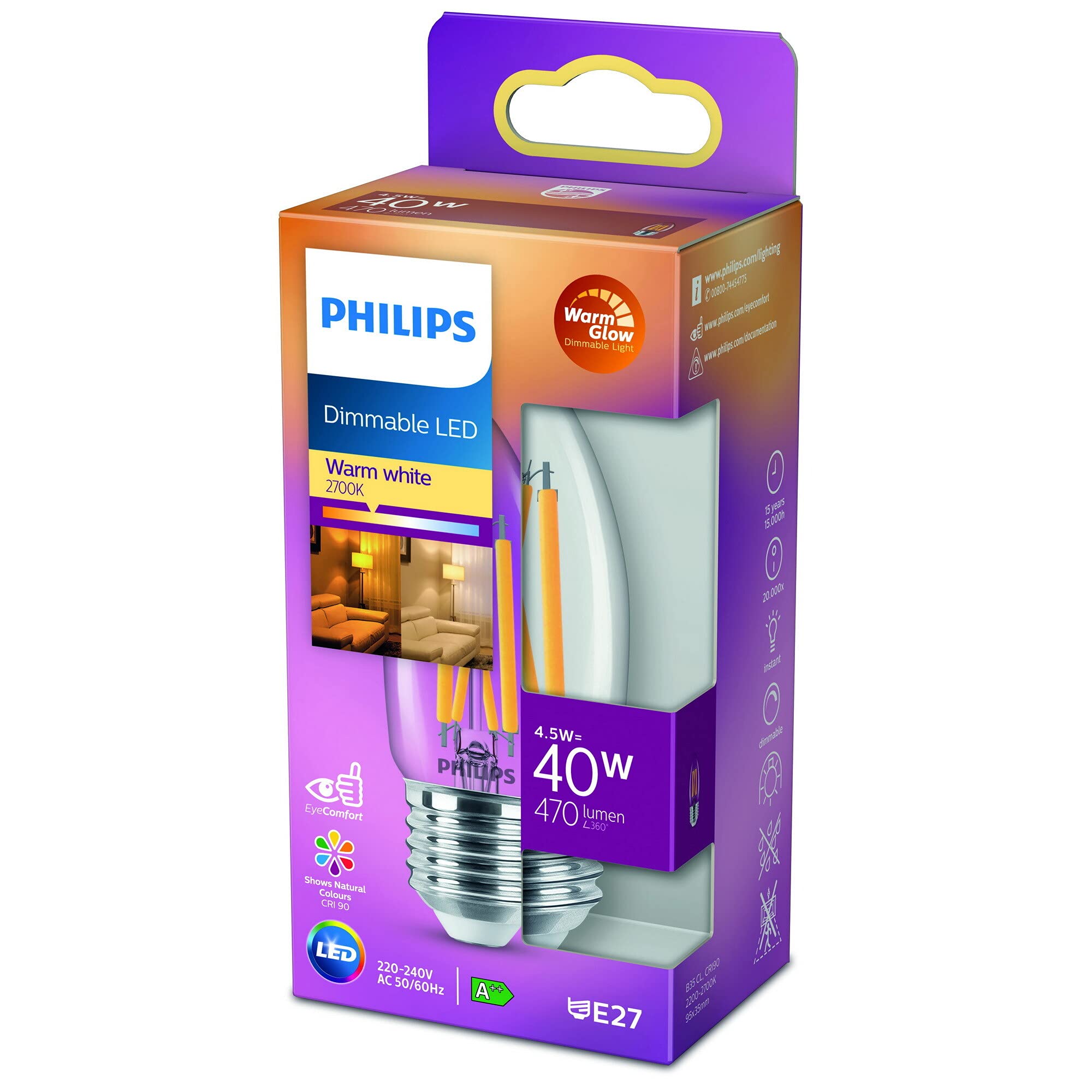 Ampoule E27 Philips Ampoule LED Sphérique E14 40W Blanc Chaud Claire, Verre, Lot De 2 Ampoule Edison