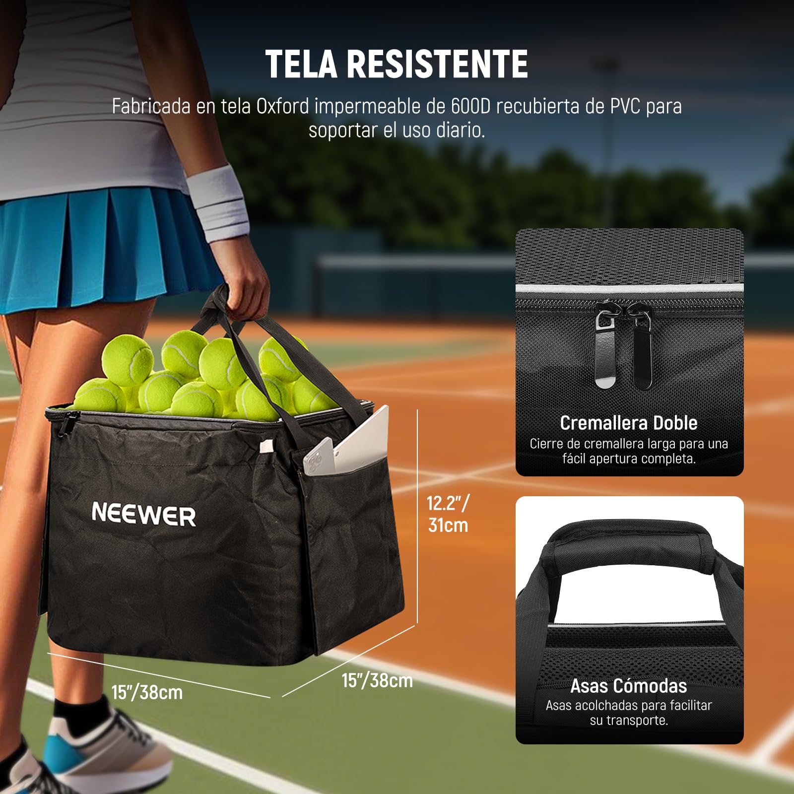NEEWER Contenedor de Pickleball con Ruedas, Plegable Poliéster Picker Upper Hopper Carrying Basket Cart Holder con Bolsillo Lateral