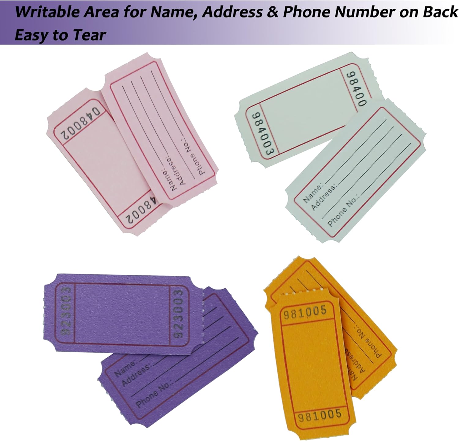 DNB 8000 Pcs Raffle Tickets - 4 Color Set of 2000 Pcs 2 x 1 Inch Single Roll Consecutively Numbered Blank Tickets - Purple/Pink/White/Orange
