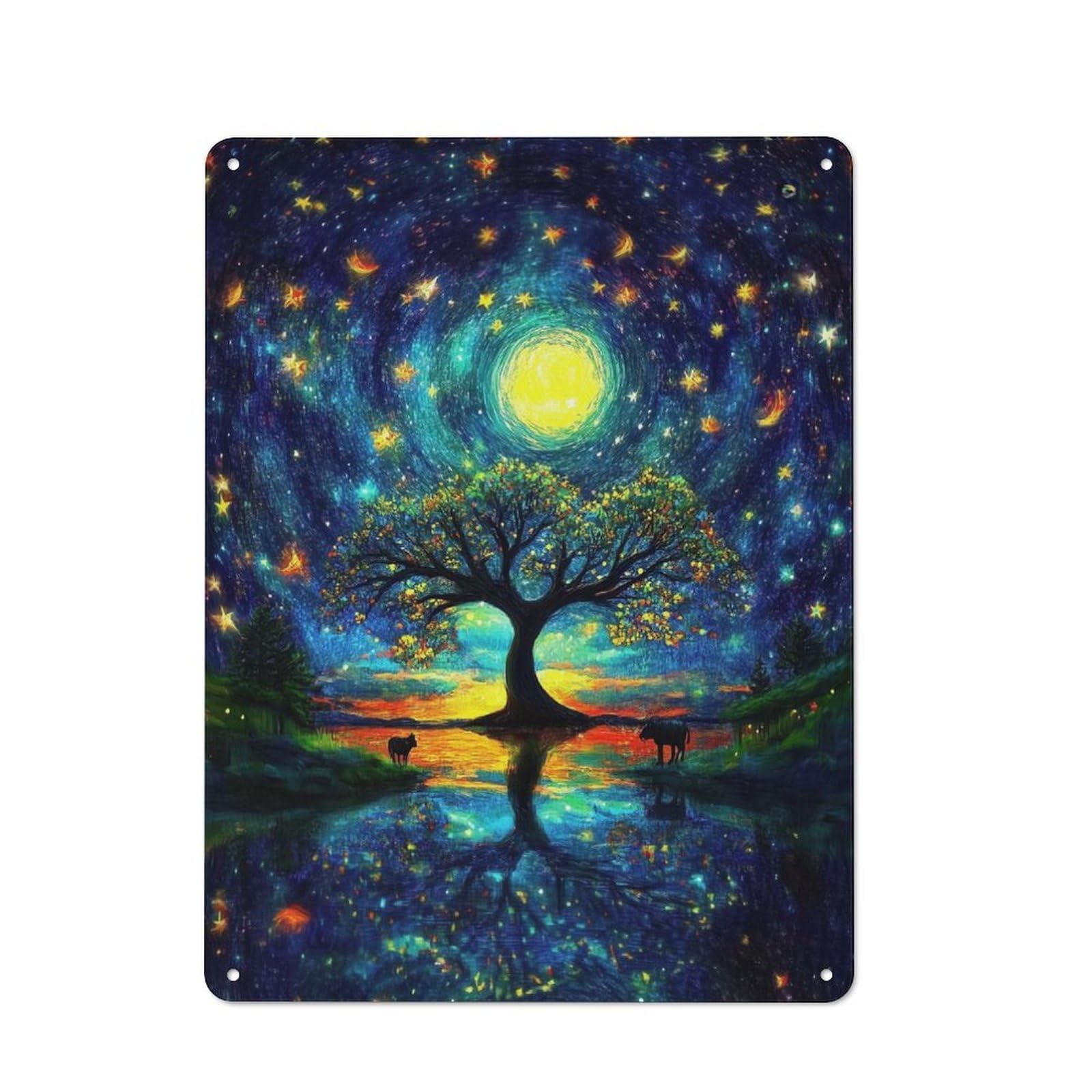Starry Night Tree Workshop Style Metal Wall Decor 40x30cm, Garage Metal Sign for Workshop, Basement, Shed Or Games Room