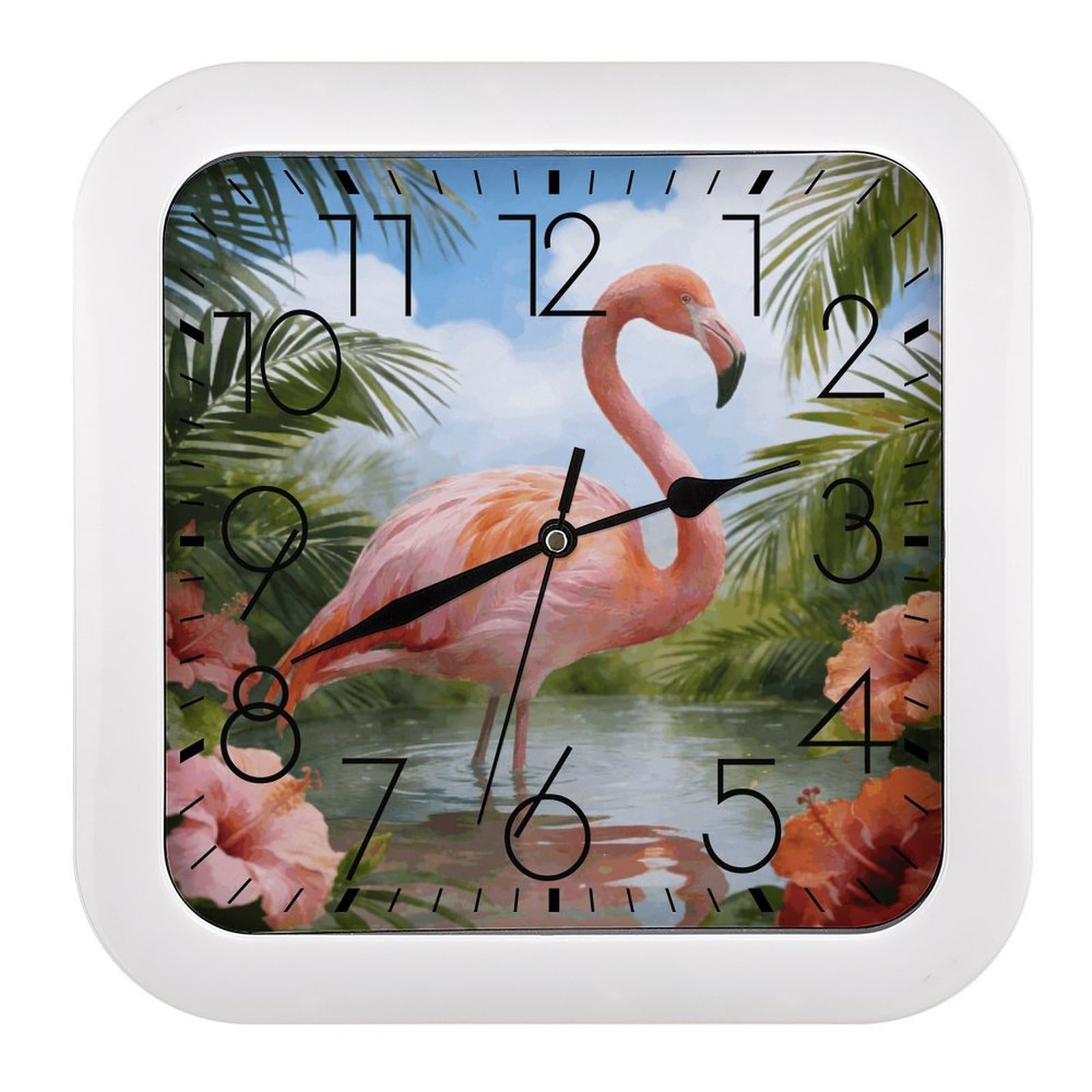 Fodpand Style Watercolor Tropical Flamingo Wall Clock,Battery Operated Modern Retro Rounded Square Clock Clock For Bedroom Living Room Office Home Gym Porch Decor Indoor Outdoor 10.2 * 10.2In