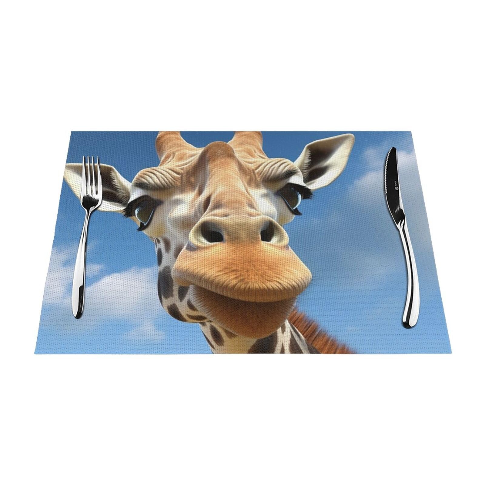 Funny Giraffe Placemats Set of 1 - Woven Vinyl Kitchen Table Placemats - Heat Resistant Non-Slip Place Mats for Dining Table, Washable Indoor Outdoor Table Mats 12x18 Inch