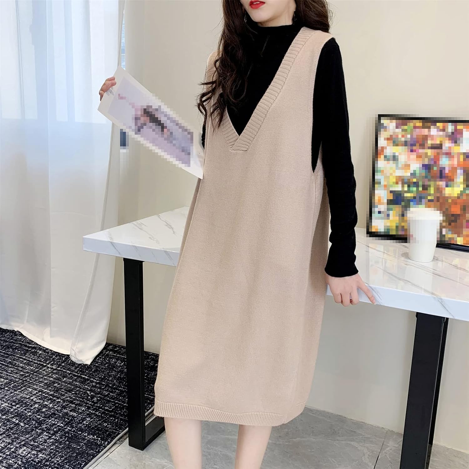 Women's Knitted Dress Long Sleeveless Dress, Black : Amazon.com.be: Fashion