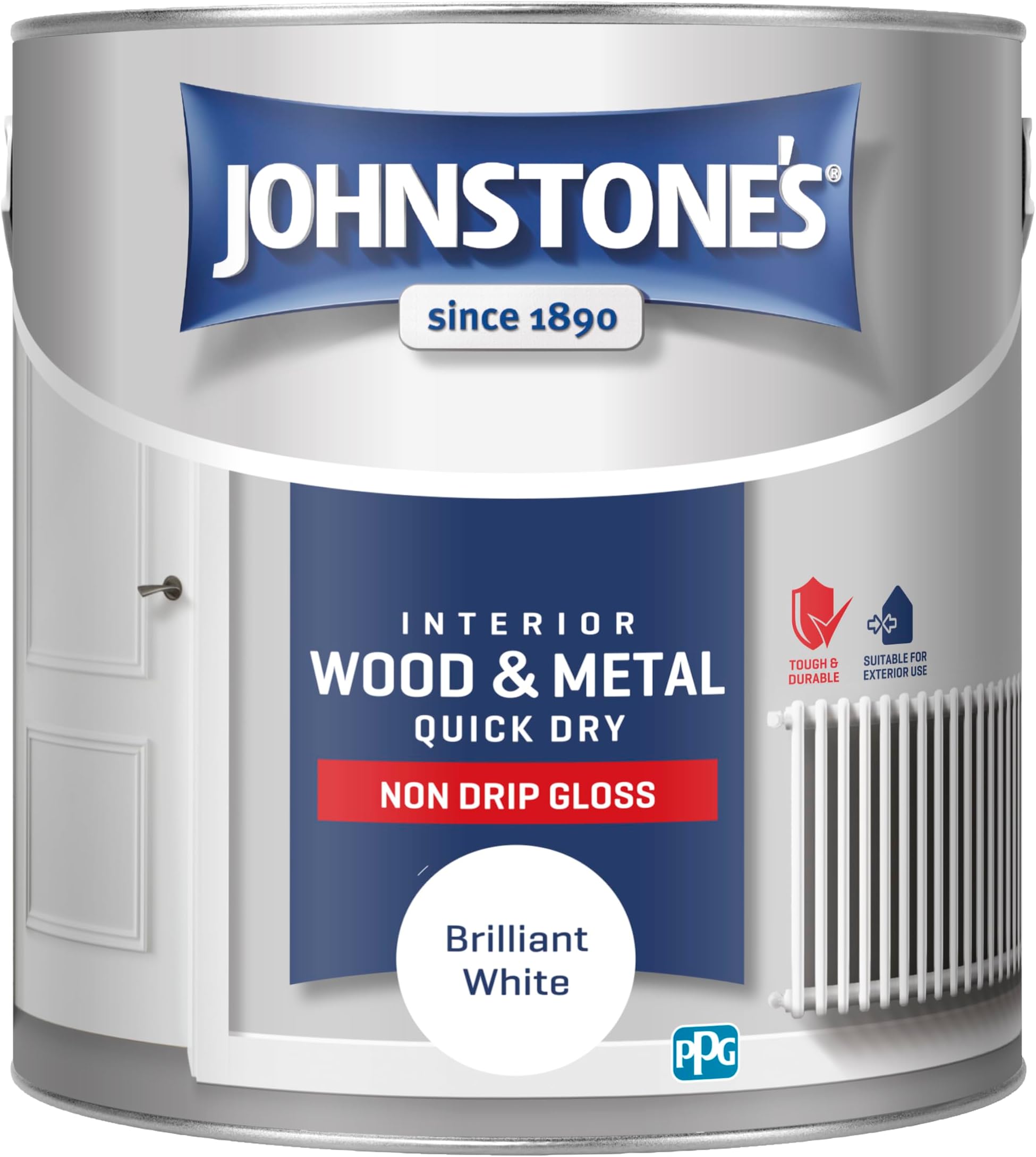 Johnstone's - Wood & Metal Paint - Gloss Finish - Brilliant White - 2.5l - Water Based - Non Drip & Quick Drying - Radiator Paint - Low Odour - Dry in 1-2 Hours - 8m2 Coverage per Litre