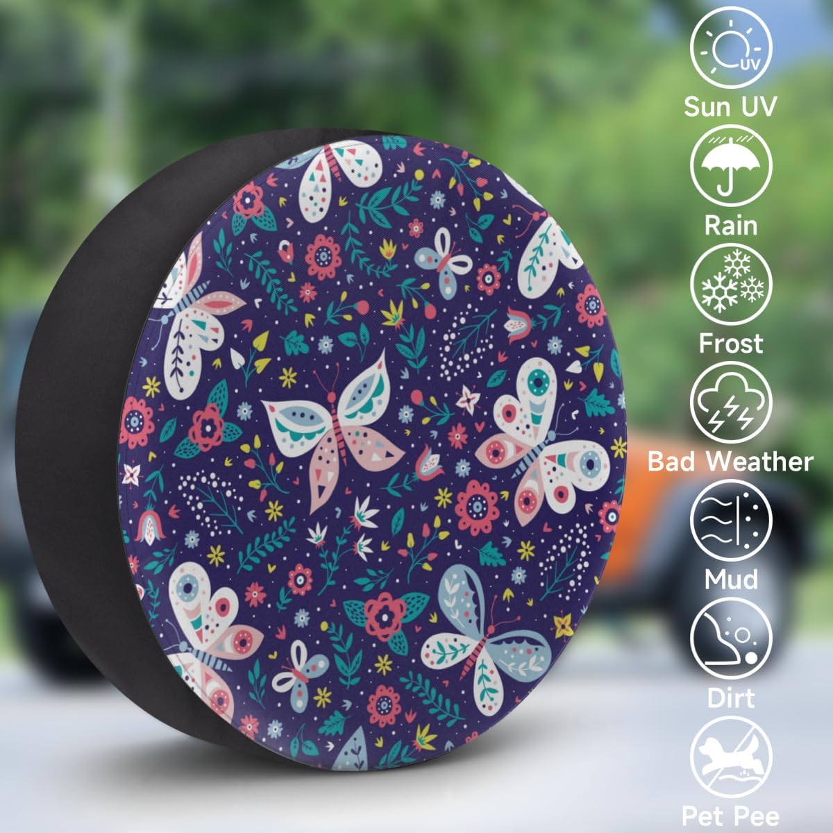 Cute Flower Butterfly Tire Covers Portable Spare Tire Cover Soft Durable Waterproof Dustproof 3 Sizes 14 15 16 Inches for Car Truck SUV Trailer Camper