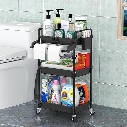 Miniatura 6 de SPACEKEEPER Carrito de almacenamiento rodante, carrito utilitario de 3 niveles, organización de cuarto de servicio, estantería móvil, organizador de