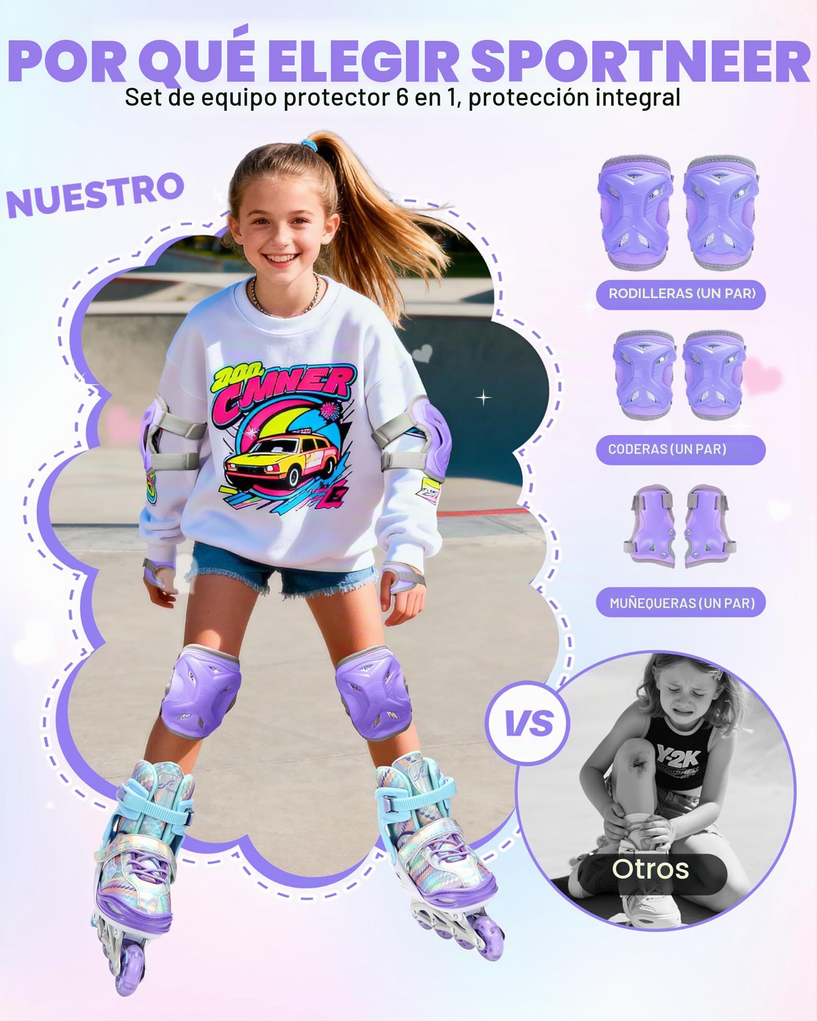 Patines en línea para niños 30 – 41 Ajustables, Sportneer con 6 Protectores, Juego de 8 ledes, Serie arcoíris