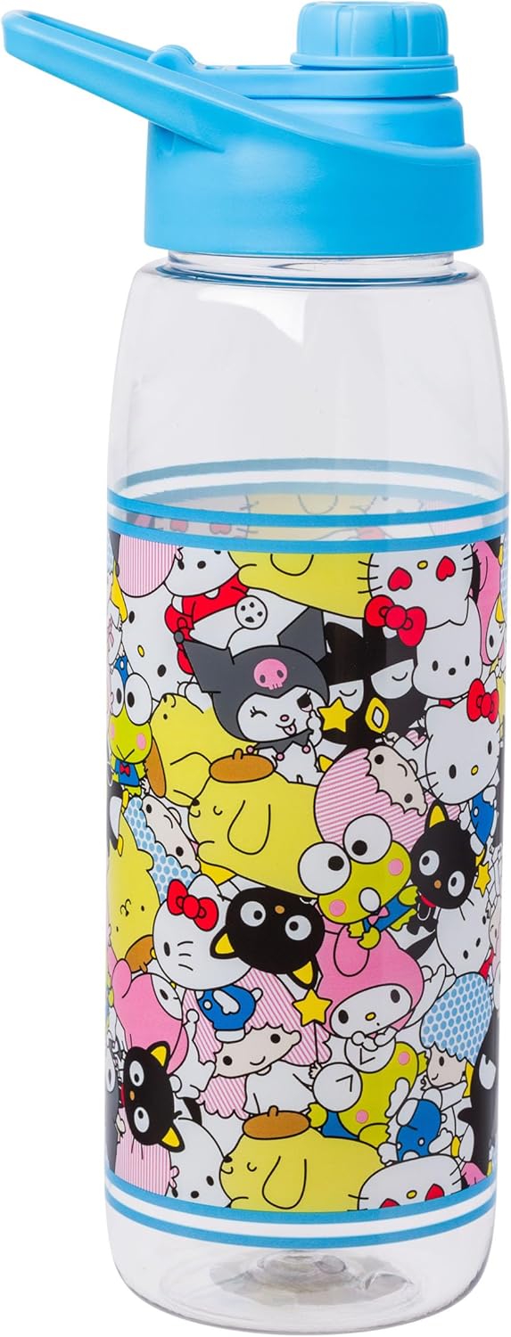 Silver Buffalo Sanrio Hello Kitty and Friends Featuring Badtz-Maru, Keroppi, My Melody, Pochacco, Chococat, Pompompurin, Kuromi, and Little Twin Stars Water Bottle with Screw-On Lid, 28 Ounces