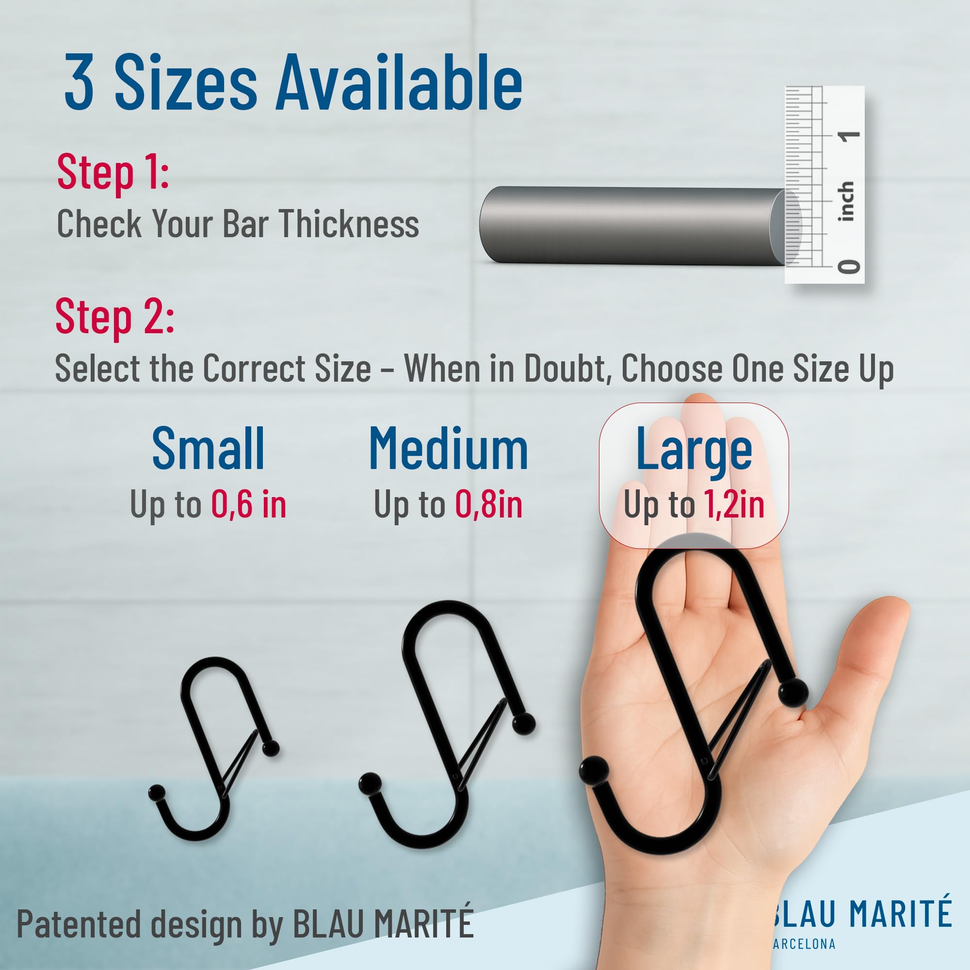Blau Marité 6-Pack Metal S Hooks for Hanging – Heavy-Duty S-Shaped Hook with Safety Buckle – Fits Bars up to 1.2 in – Anti-Drop S-Hooks for Closet, Wardrobes & Storage – Silver (Large)