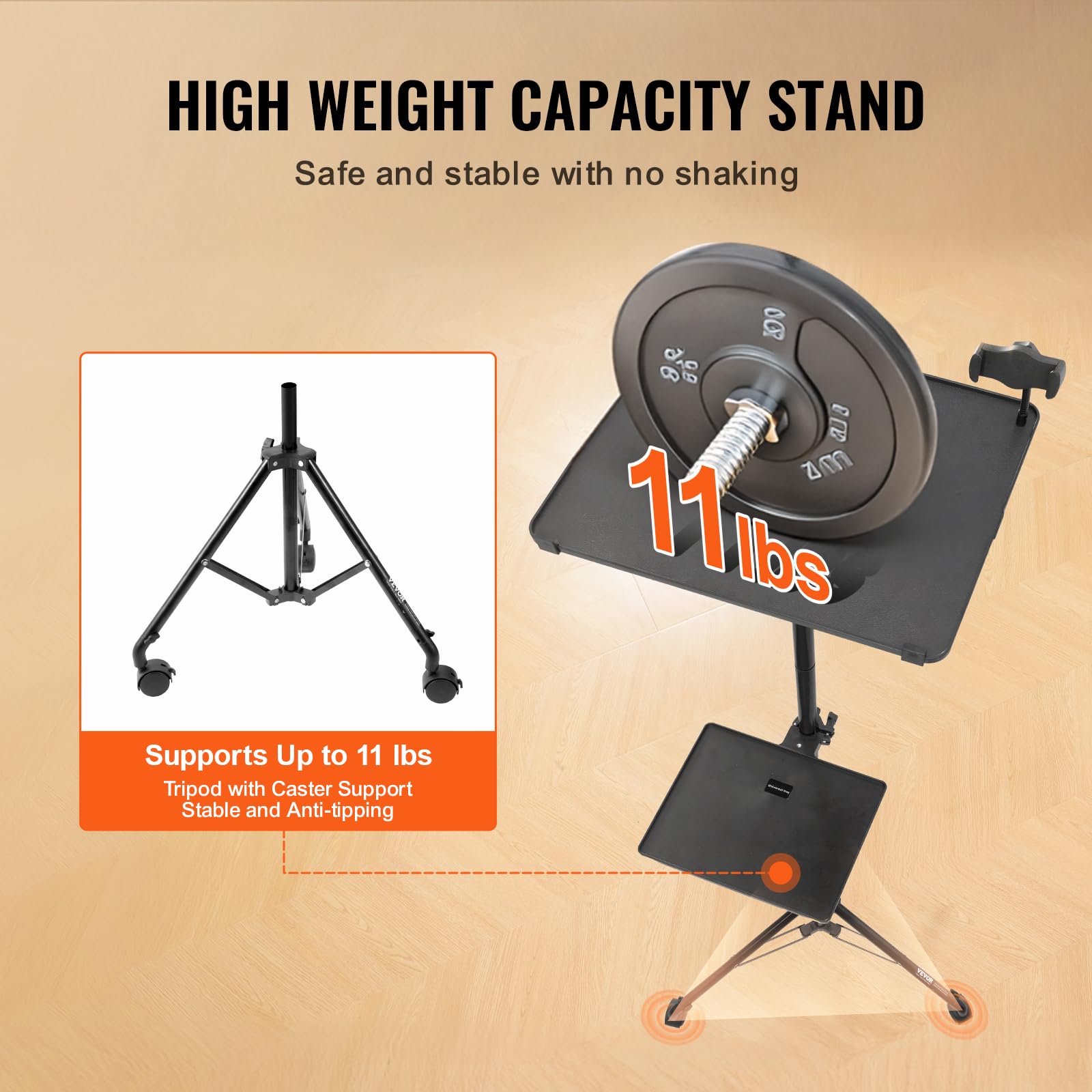 VEVOR Projektorständer mit Rädern Laptopständer-Stativ, höhenverstellbar von 795 bis 1710 mm, Projektor-Stativständer mit 2 Ablagen & Schwanenhals-Telefonhalterung, im Freien/Büro/Studio, zu Hause