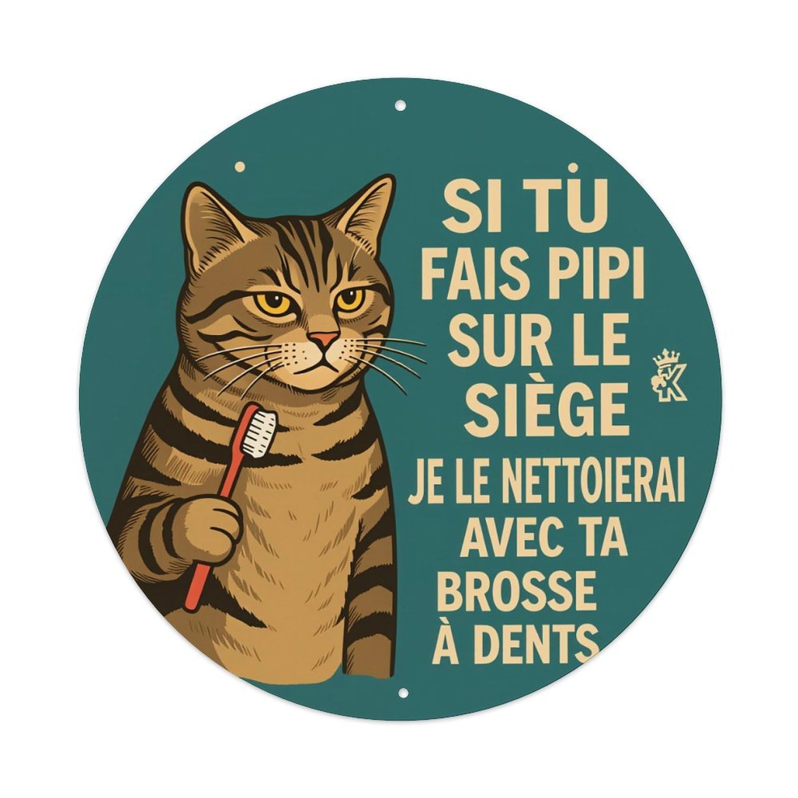 Cat Holding Toothbrush Warning Sign Round Tin Sign Vintage Metal Poster, Home Bar Garage Man Cave Cafe Indoor & Outdoor Wall Decoration 8x8Inches