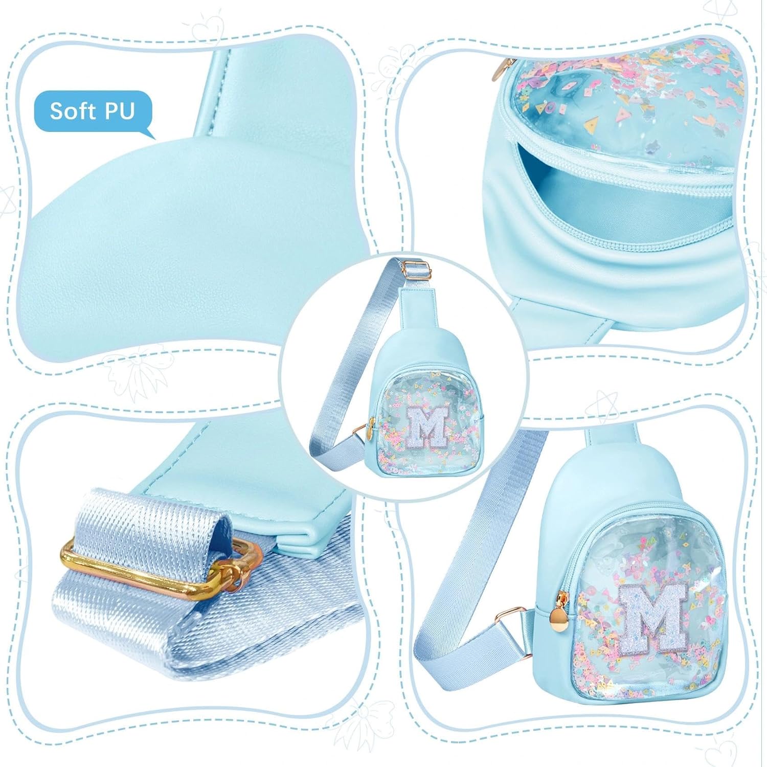 COSHAYSOO Personalized Christmas Birthday Gifts Burr Basket Stuffers for Girls Blue Purse Sling Bag Crossbody Girl Cute Funny Cool Mini Travel Fashion Accessories Monogrammed Initial Letter M - Image 6